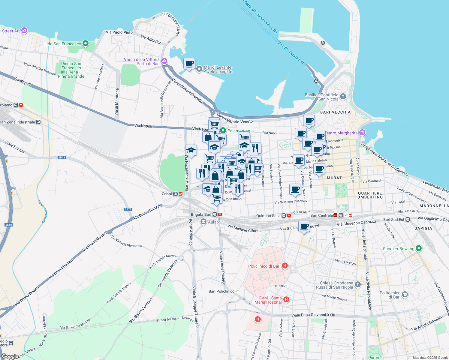 map of restaurants, bars, coffee shops, grocery stores, and more near 6 Via Tommaso Porcelli in Bari