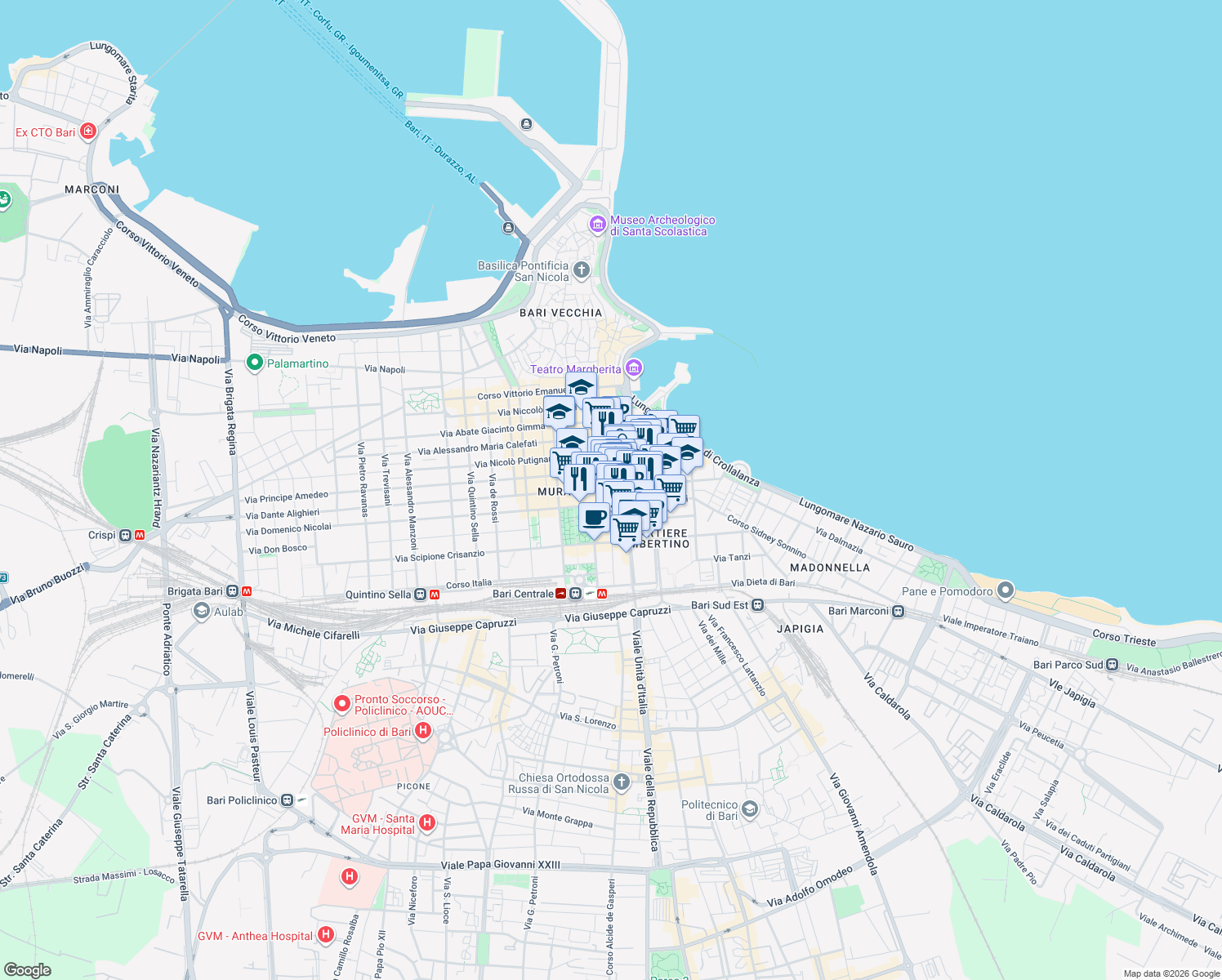 map of restaurants, bars, coffee shops, grocery stores, and more near 98 Via Melo da Bari in Bari
