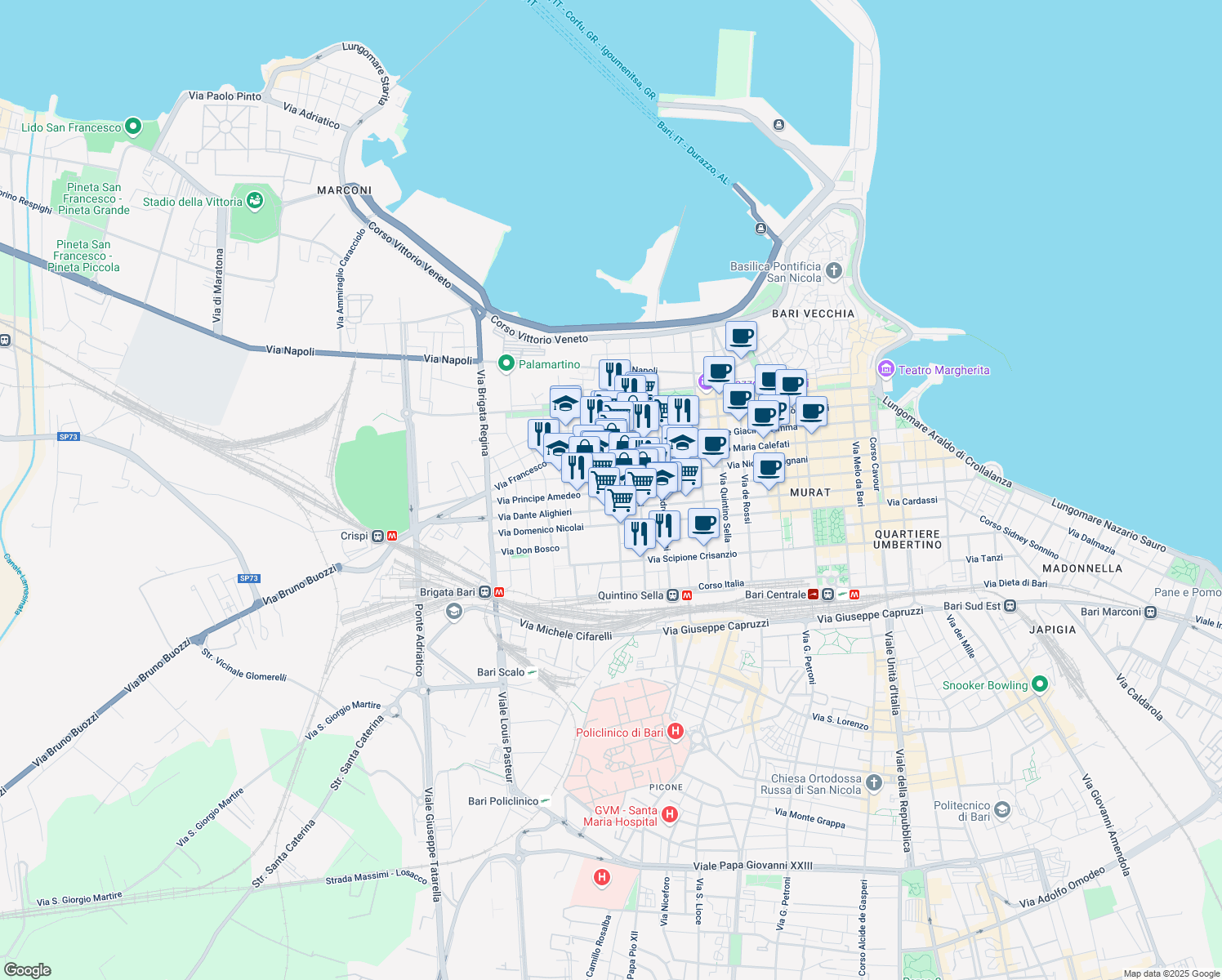 map of restaurants, bars, coffee shops, grocery stores, and more near 22 Via Giovanni Bovio in Bari