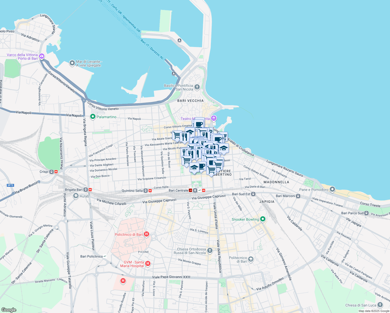 map of restaurants, bars, coffee shops, grocery stores, and more near 136 Via Sparano da Bari in Bari