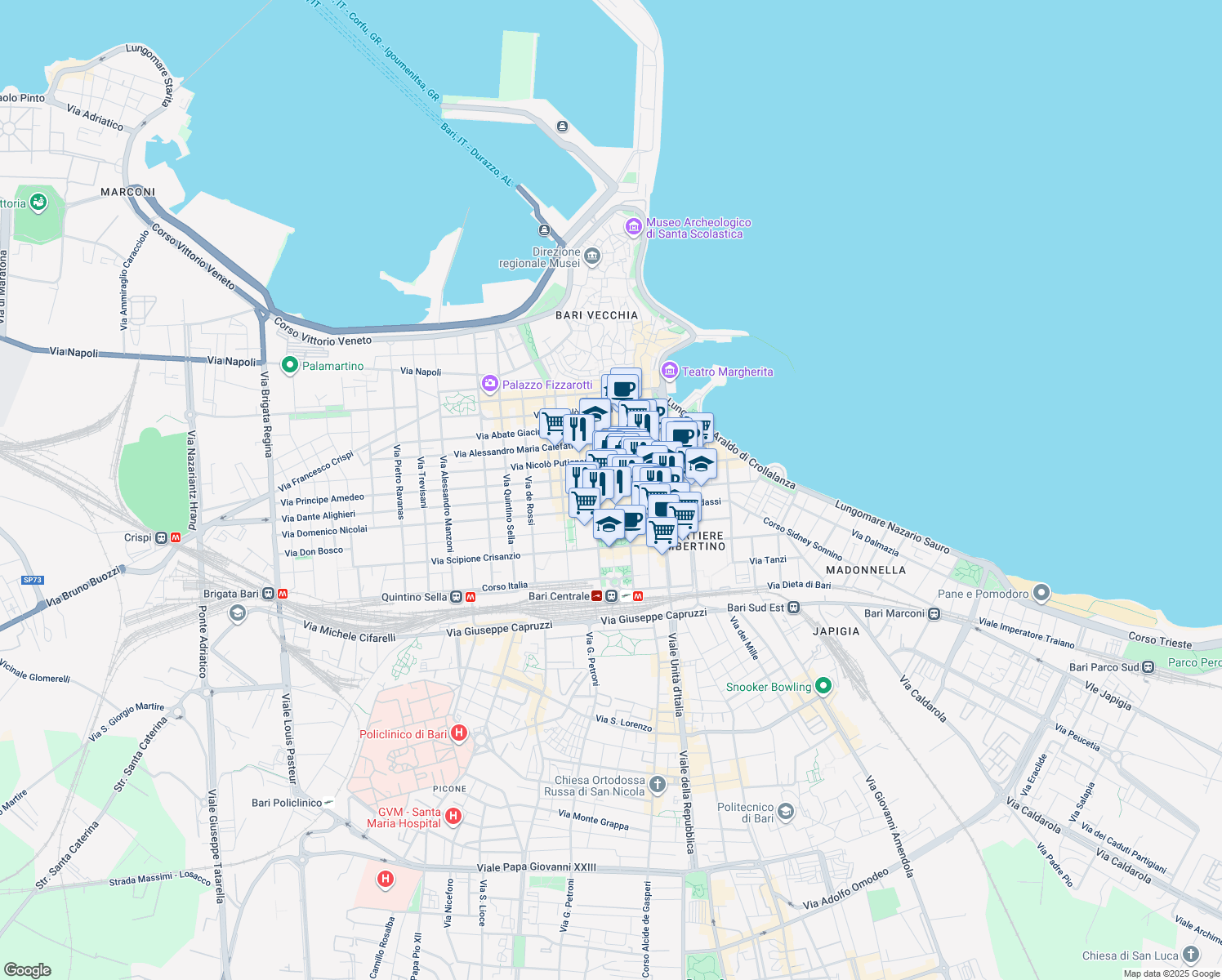 map of restaurants, bars, coffee shops, grocery stores, and more near 136 Via Sparano da Bari in Bari