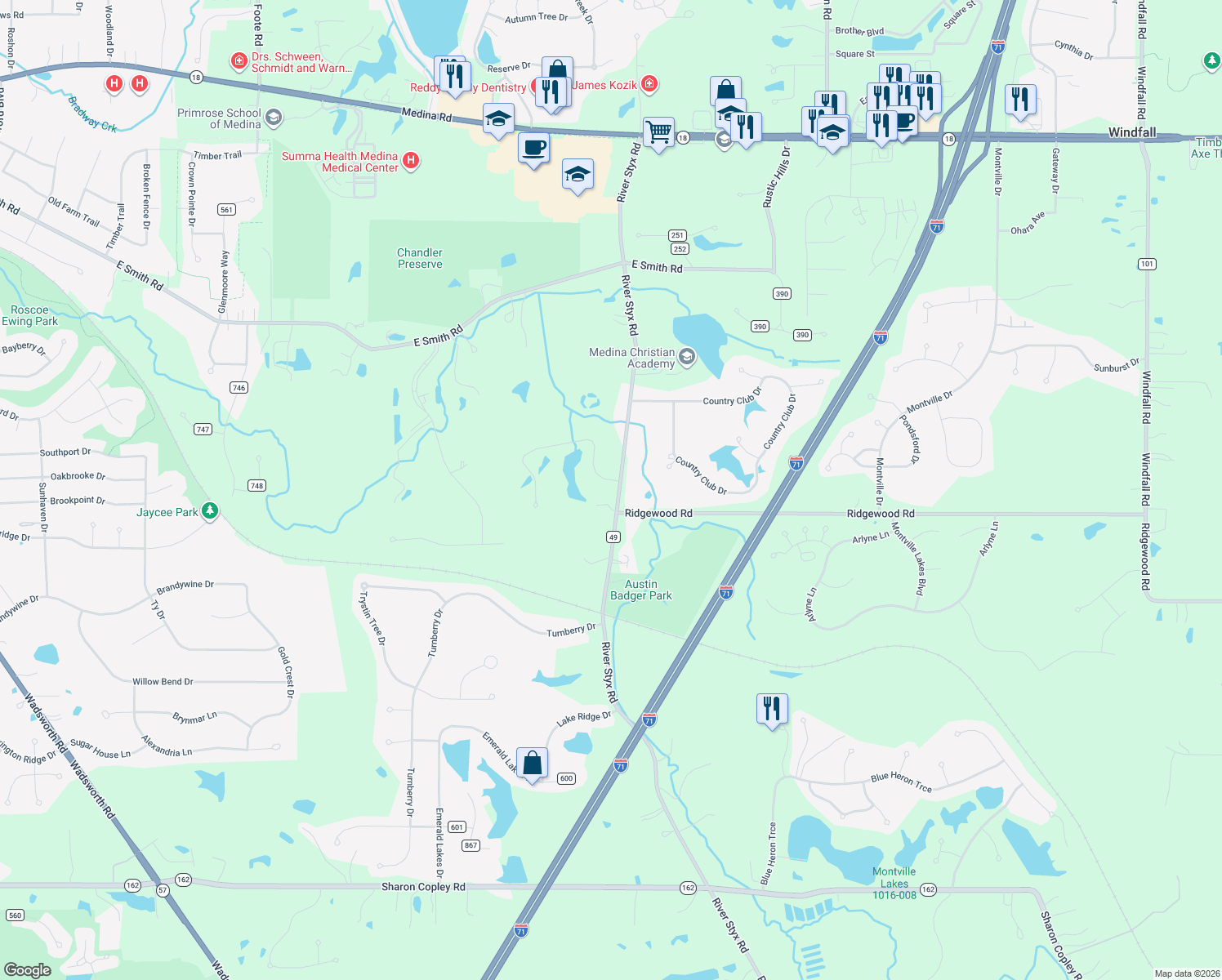 map of restaurants, bars, coffee shops, grocery stores, and more near 5588 River Styx Road in Medina