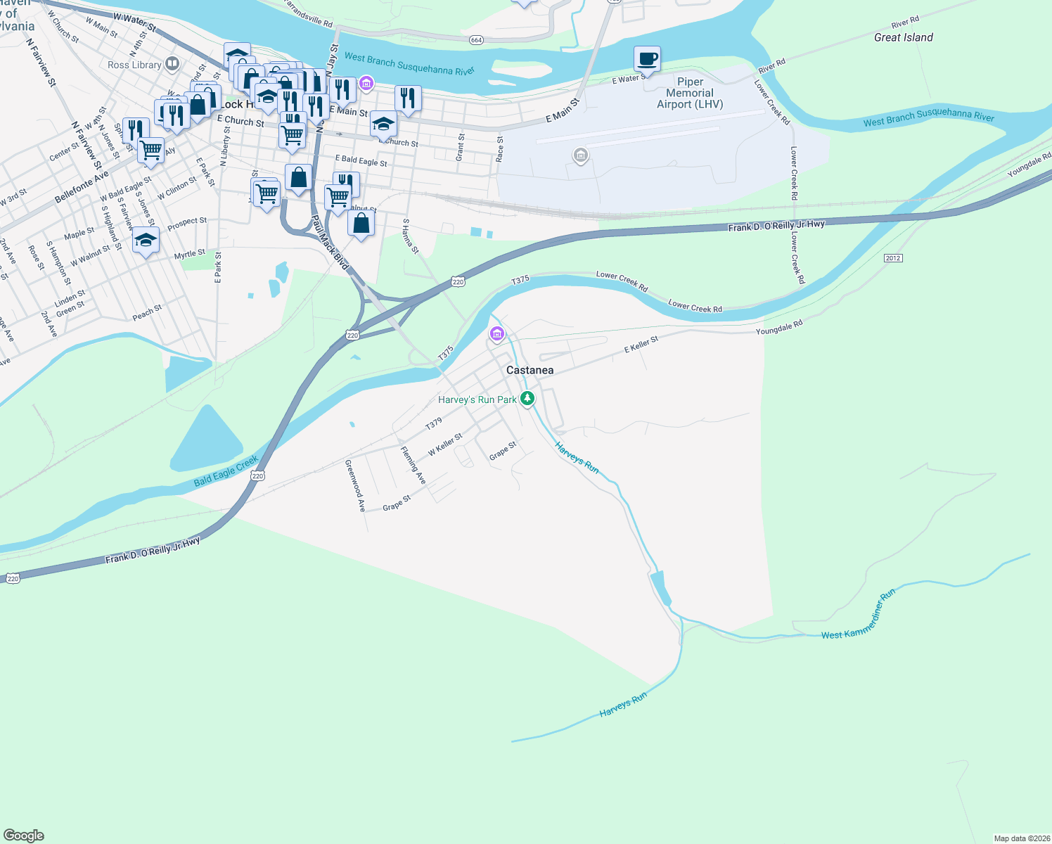 map of restaurants, bars, coffee shops, grocery stores, and more near 334 Nittany Road in Lock Haven