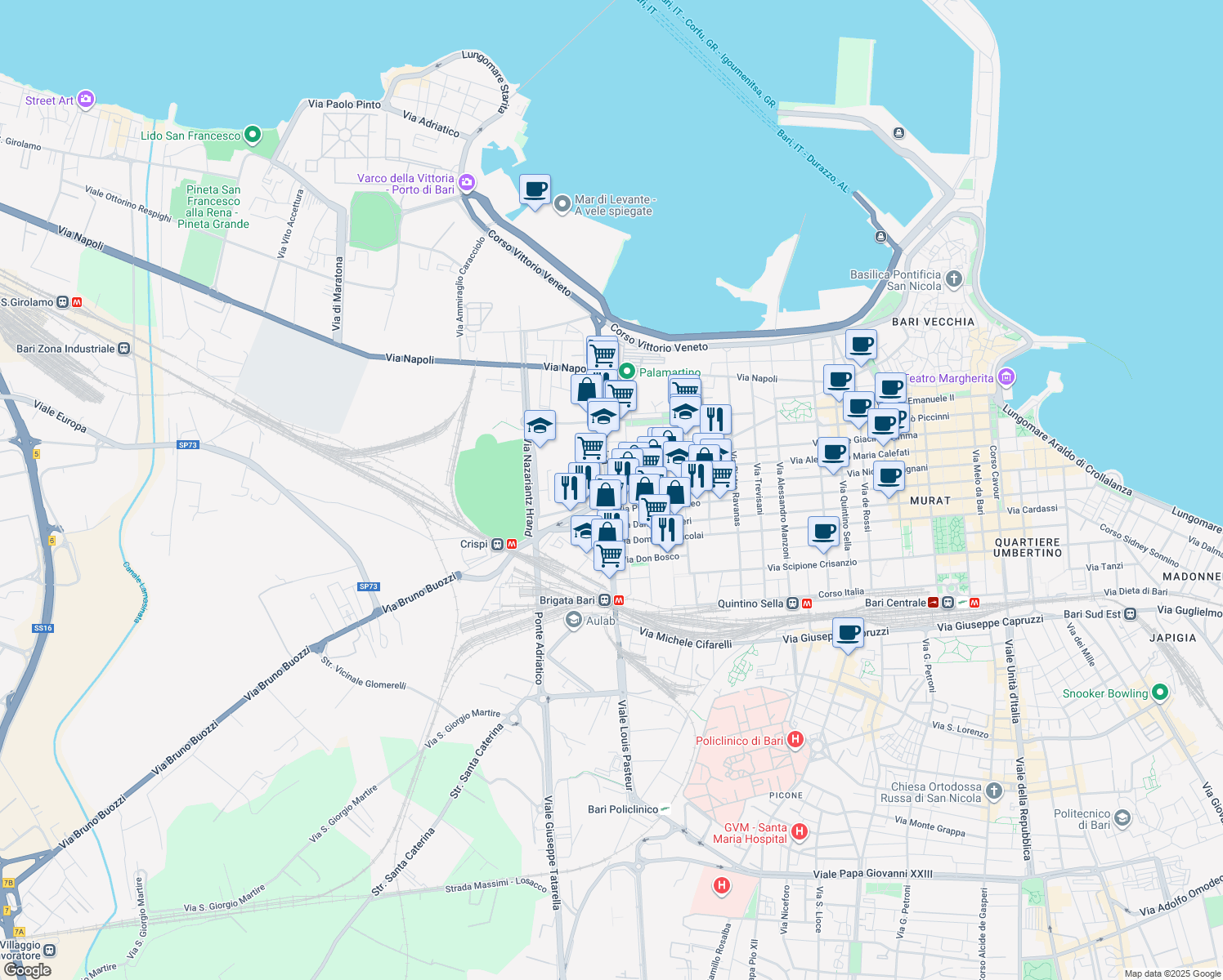 map of restaurants, bars, coffee shops, grocery stores, and more near 6 Via Tommaso Porcelli in Bari