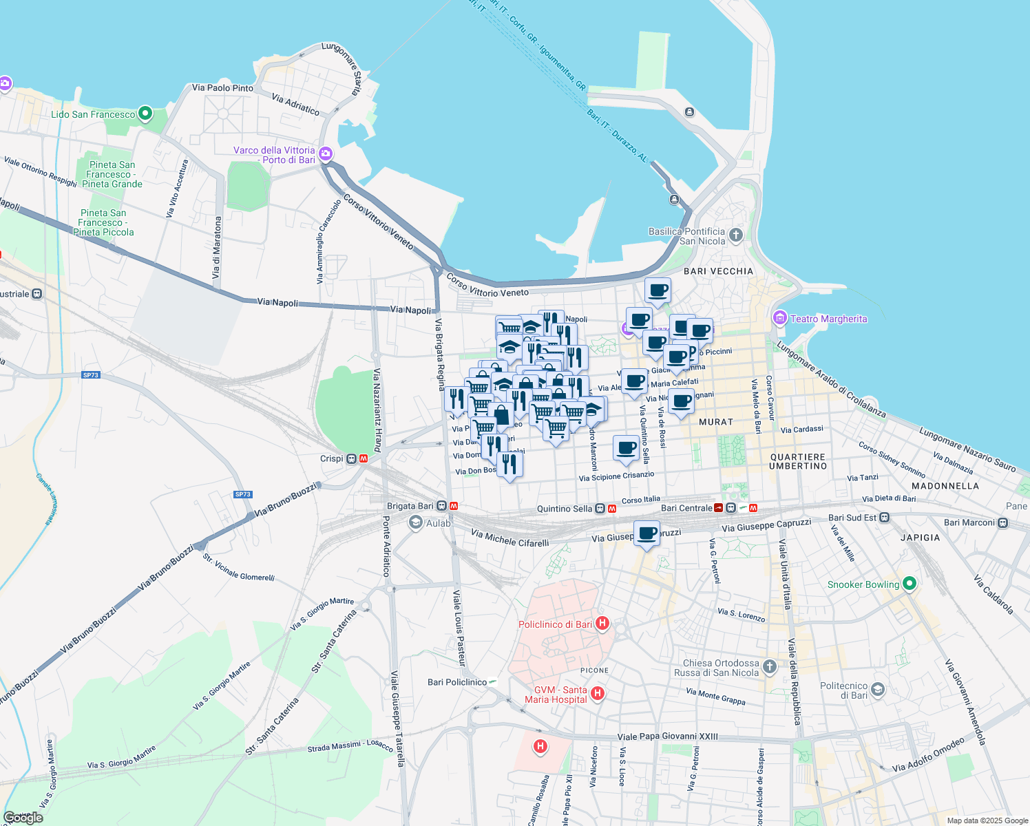 map of restaurants, bars, coffee shops, grocery stores, and more near 76 Via Giovanni Bovio in Bari