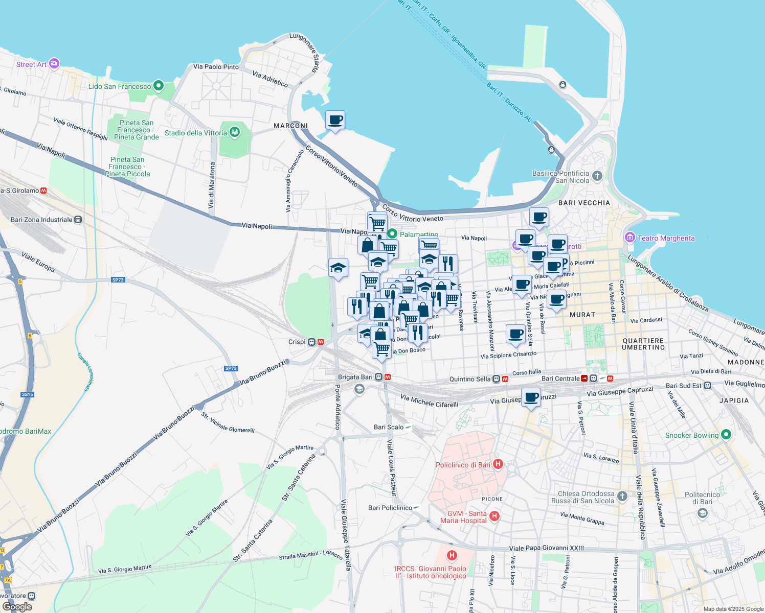 map of restaurants, bars, coffee shops, grocery stores, and more near 6 Via Tommaso Porcelli in Bari
