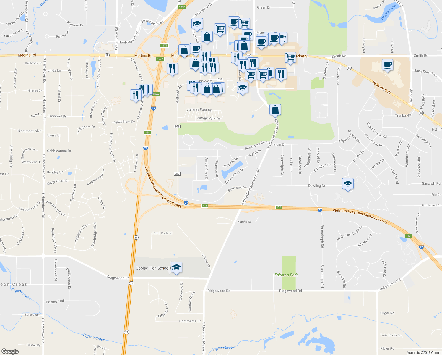 map of restaurants, bars, coffee shops, grocery stores, and more near 483 Augusta Dr in Akron