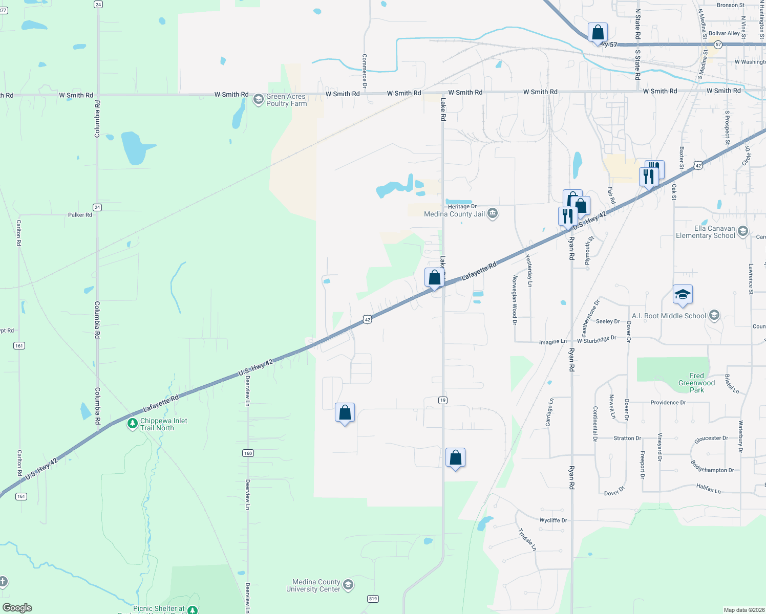 map of restaurants, bars, coffee shops, grocery stores, and more near 5574 Lafayette Rd in Medina