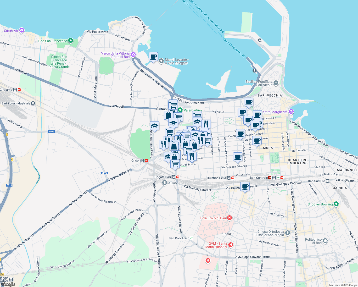 map of restaurants, bars, coffee shops, grocery stores, and more near 6 Via Tommaso Porcelli in Bari