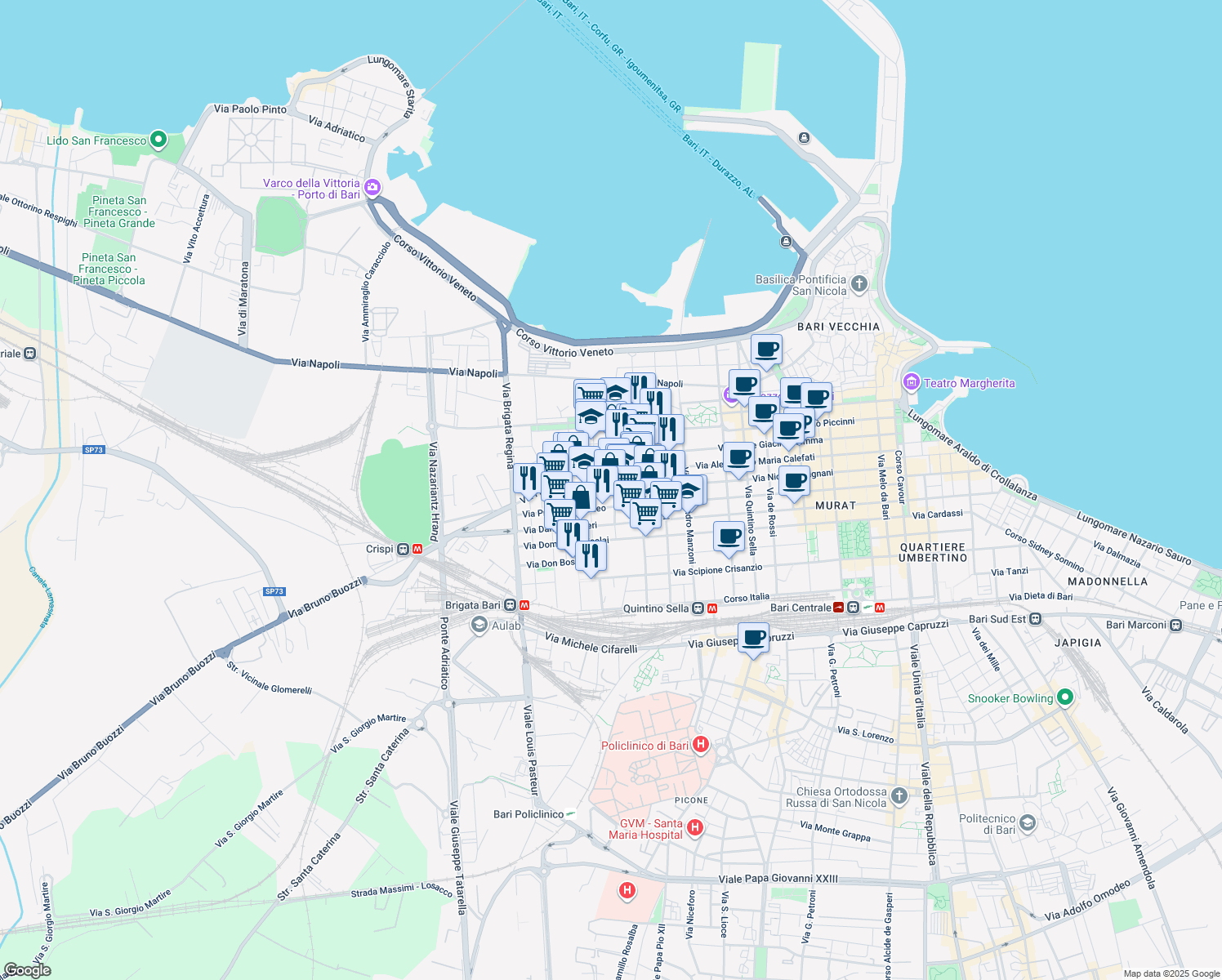 map of restaurants, bars, coffee shops, grocery stores, and more near 76 Via Giovanni Bovio in Bari