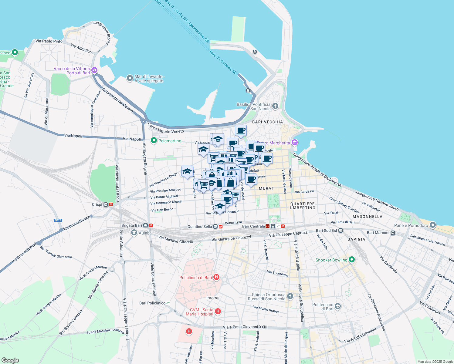 map of restaurants, bars, coffee shops, grocery stores, and more near 61-85 Via Sagarriga Visconti in Bari