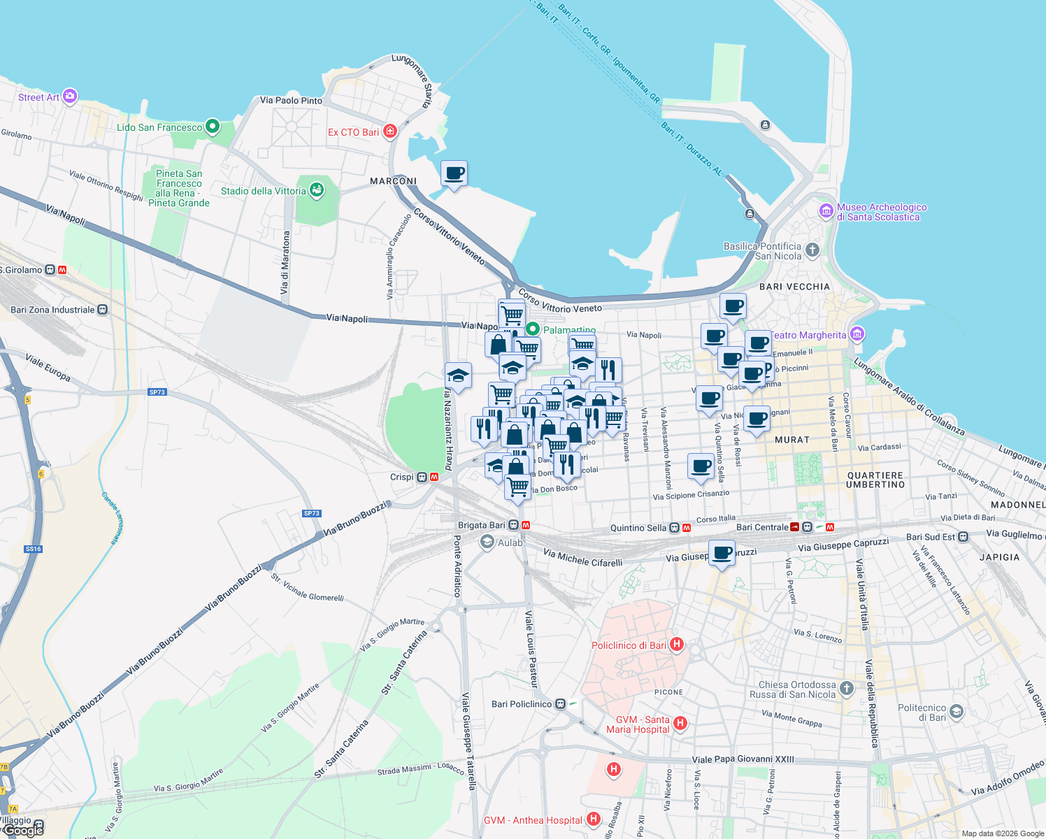 map of restaurants, bars, coffee shops, grocery stores, and more near 6 Via Tommaso Porcelli in Bari