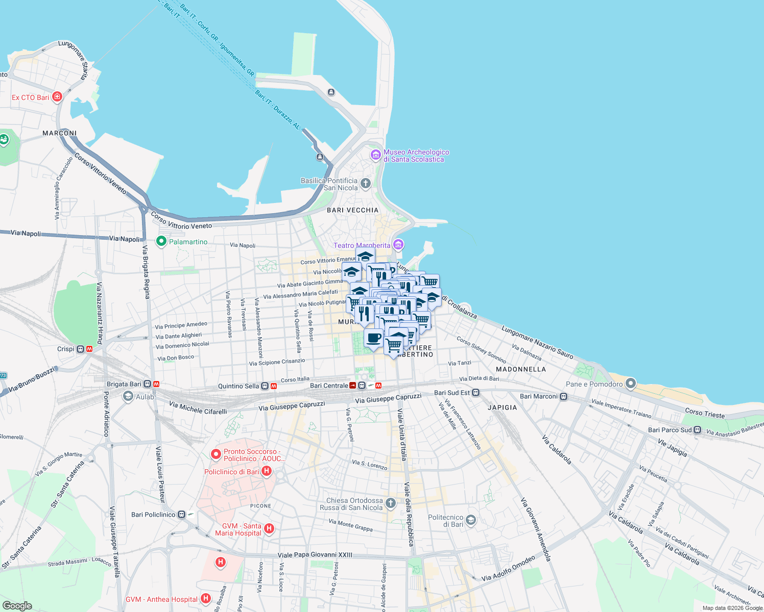 map of restaurants, bars, coffee shops, grocery stores, and more near 98 Via Melo da Bari in Bari