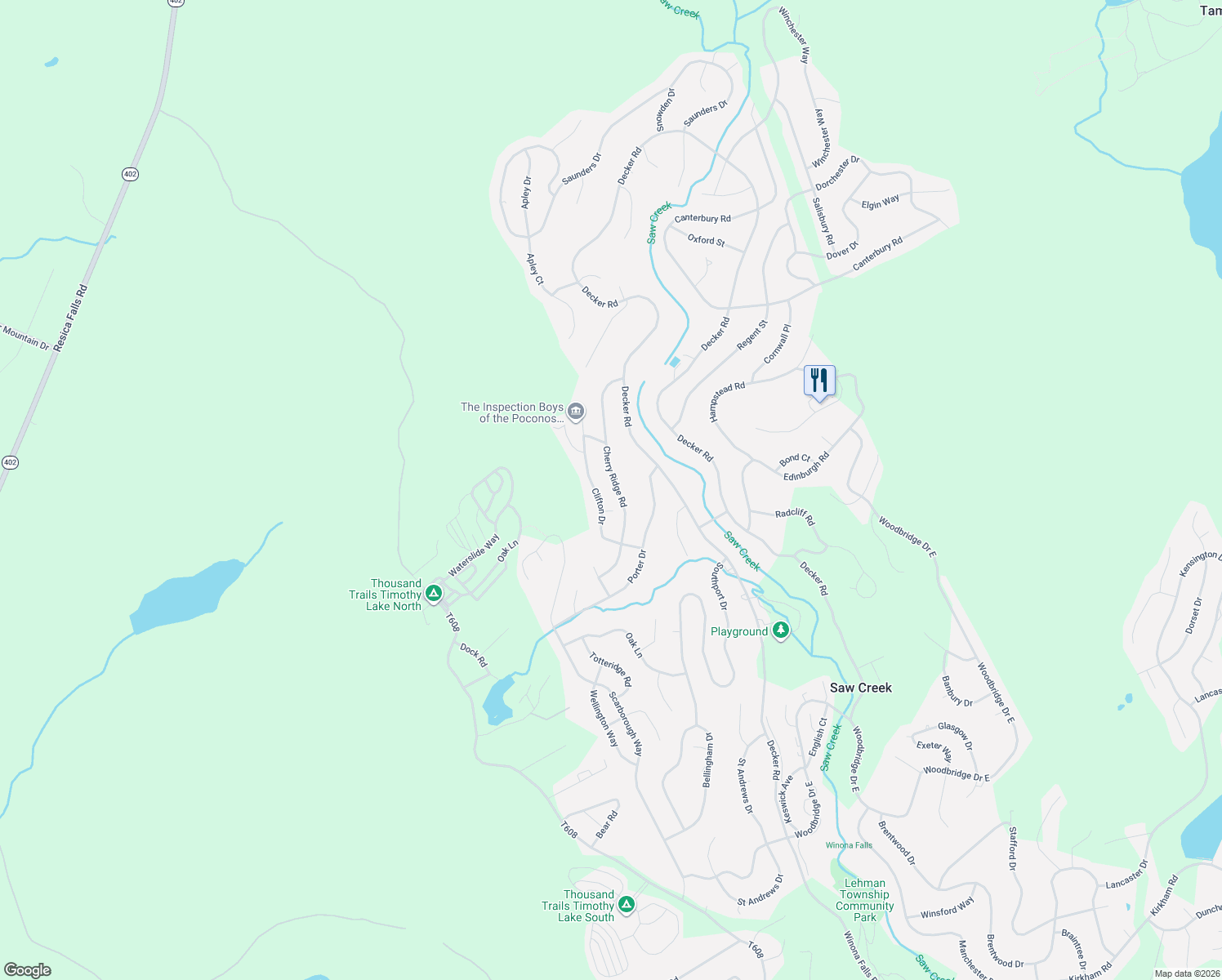 map of restaurants, bars, coffee shops, grocery stores, and more near 1249 Saw Creek Estate in Bushkill
