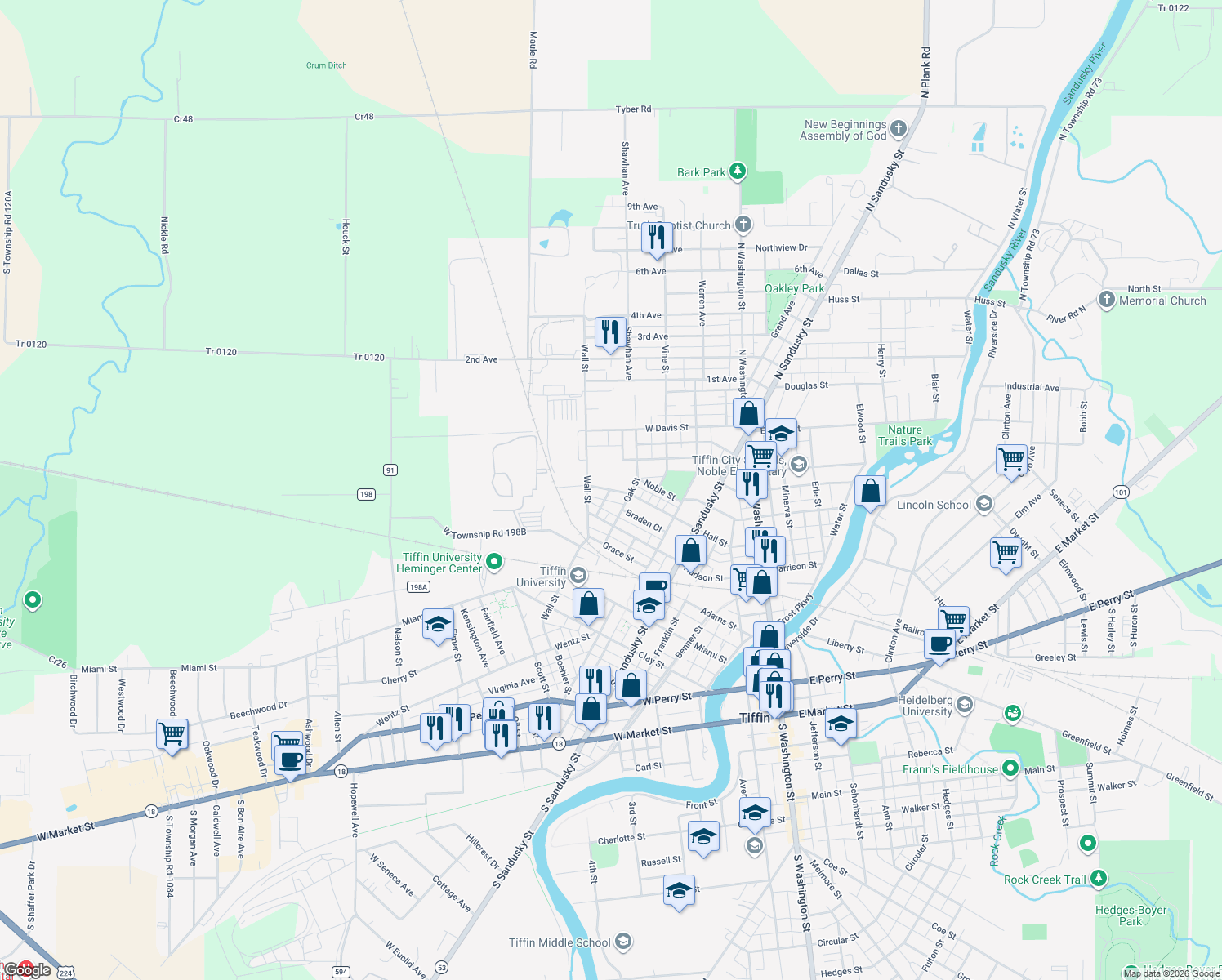 map of restaurants, bars, coffee shops, grocery stores, and more near 232 Hall St in Tiffin