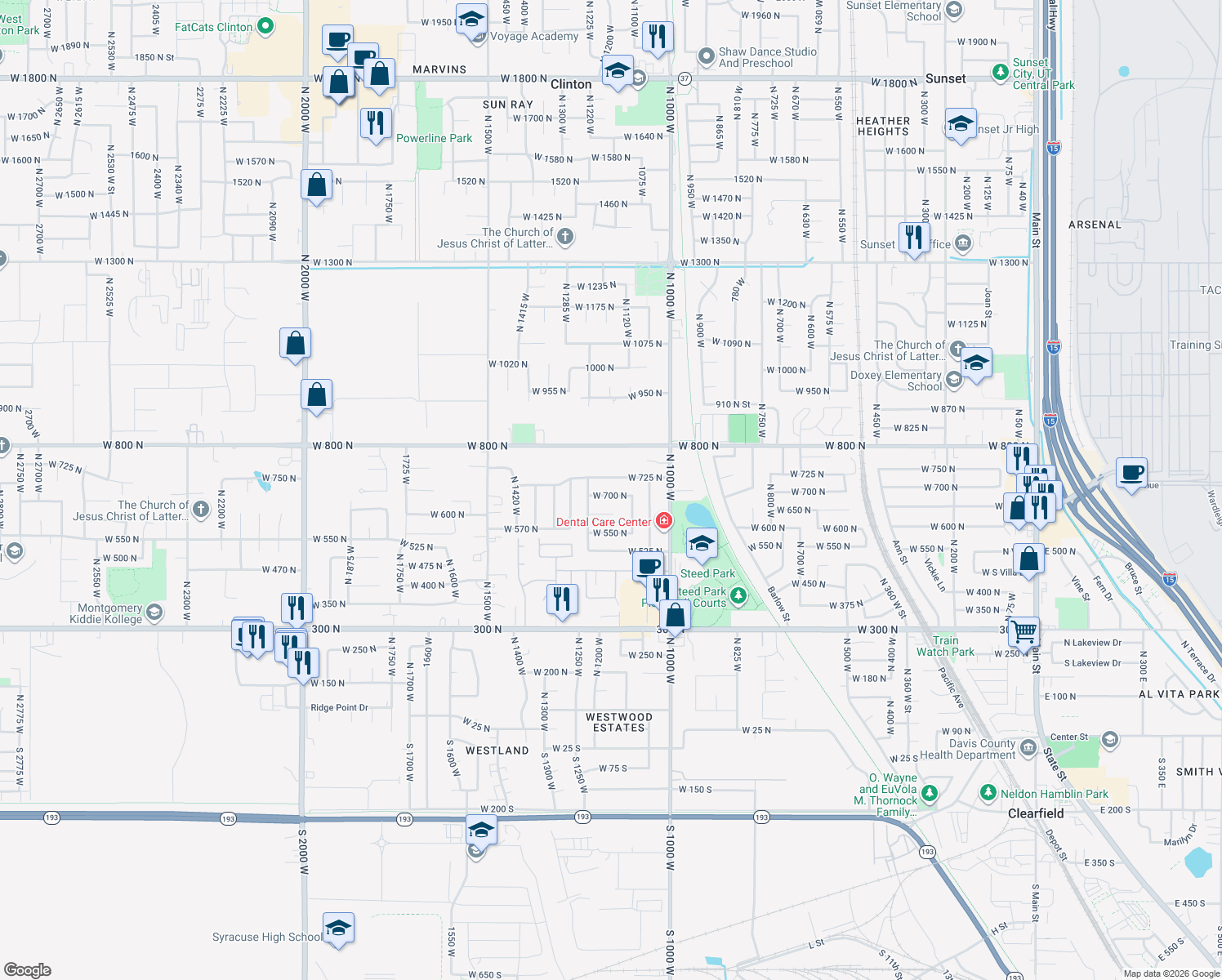 map of restaurants, bars, coffee shops, grocery stores, and more near 1180 West 700 North in Clearfield