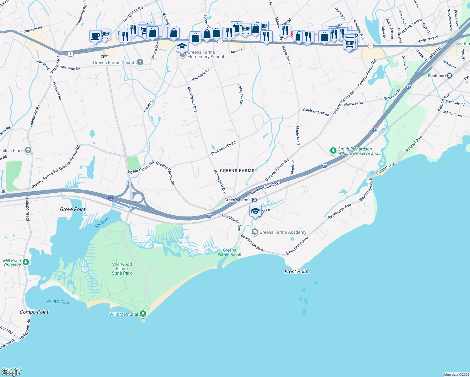 map of restaurants, bars, coffee shops, grocery stores, and more near 95 Turkey Hill Road South in Westport