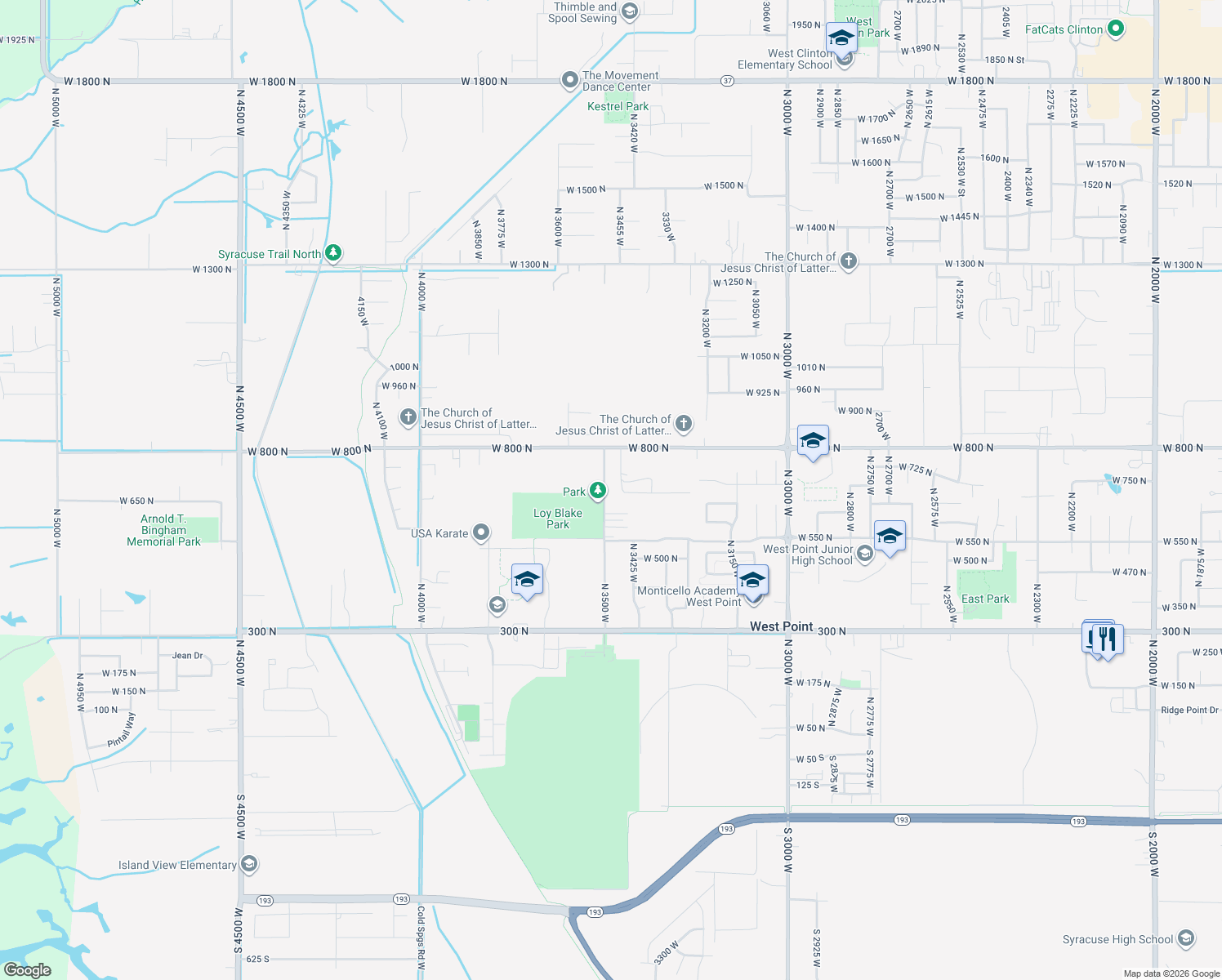 map of restaurants, bars, coffee shops, grocery stores, and more near 704 North 3500 West in West Point