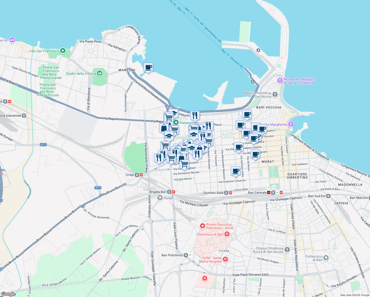 map of restaurants, bars, coffee shops, grocery stores, and more near 36 Via Vincenzo Rogadeo in Bari