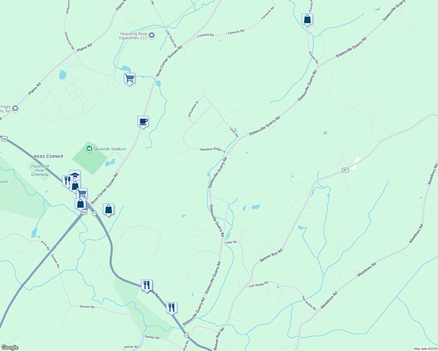 map of restaurants, bars, coffee shops, grocery stores, and more near 76 Statesville Quarry Road in Lafayette Township