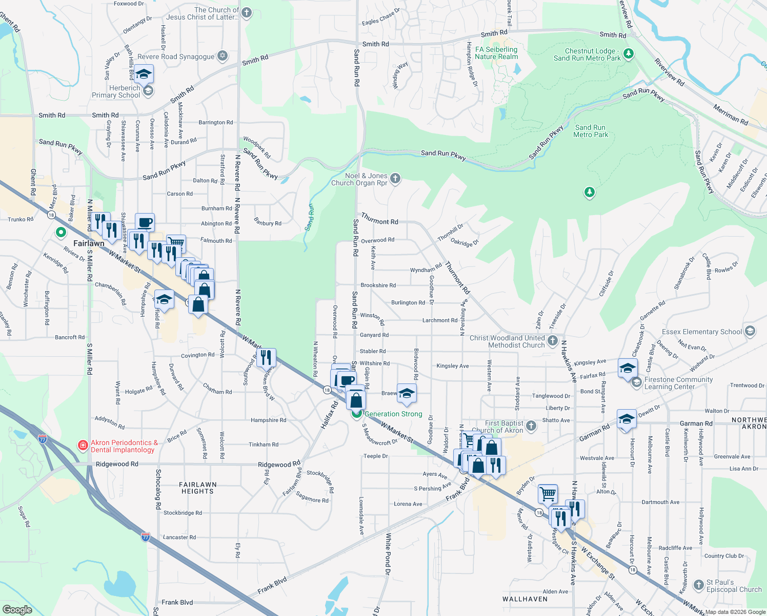 map of restaurants, bars, coffee shops, grocery stores, and more near 354 Tremont Rd in Akron
