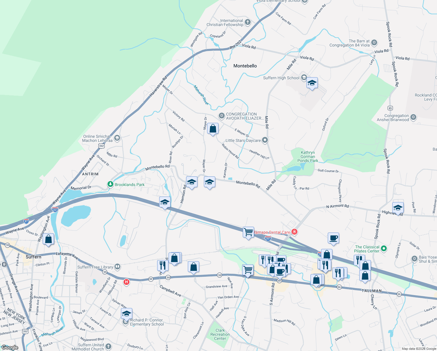 map of restaurants, bars, coffee shops, grocery stores, and more near 53 Montebello Rd in Suffern