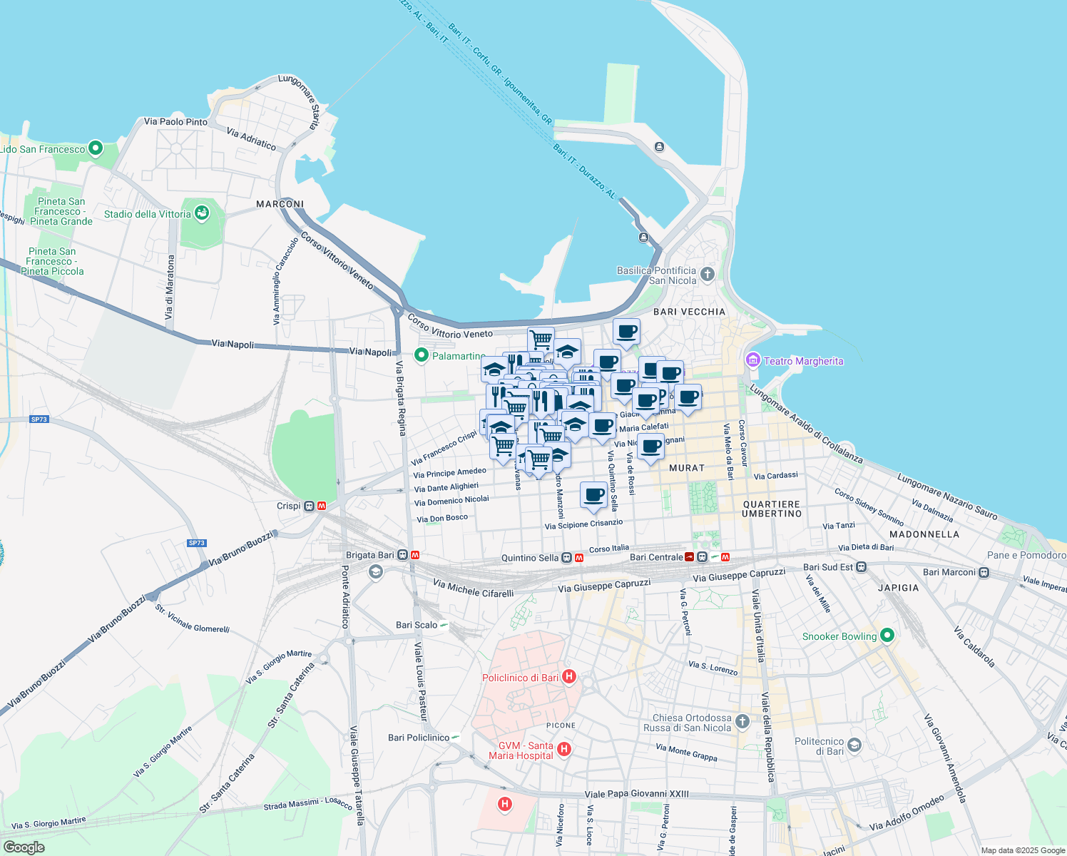map of restaurants, bars, coffee shops, grocery stores, and more near 125 Via Trevisani in Bari