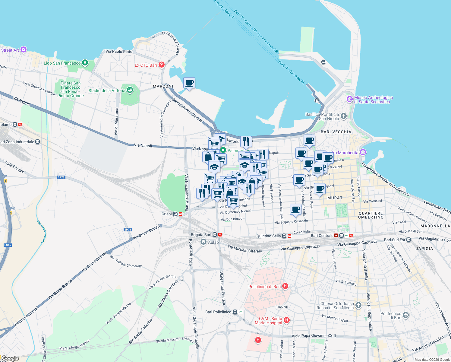 map of restaurants, bars, coffee shops, grocery stores, and more near 36 Via Vincenzo Rogadeo in Bari