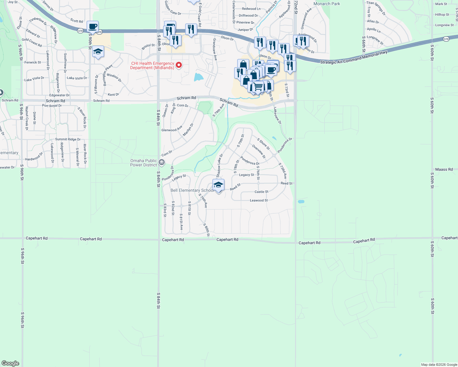 map of restaurants, bars, coffee shops, grocery stores, and more near 12380 S 78th St in Papillion