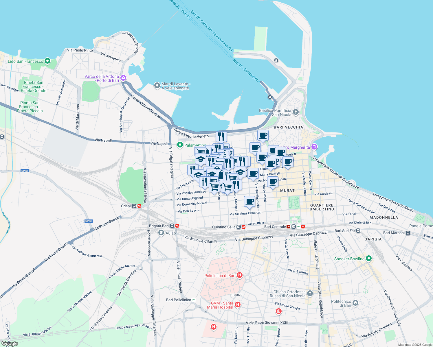 map of restaurants, bars, coffee shops, grocery stores, and more near 2 Via Giovanni Pascoli in Bari