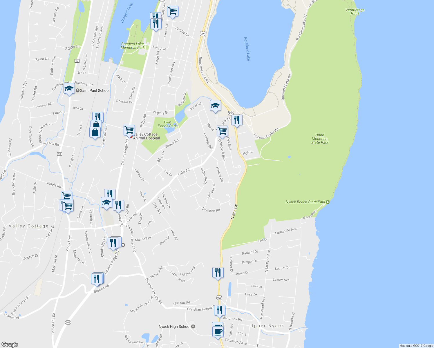 map of restaurants, bars, coffee shops, grocery stores, and more near 121 Helene Road in Valley Cottage