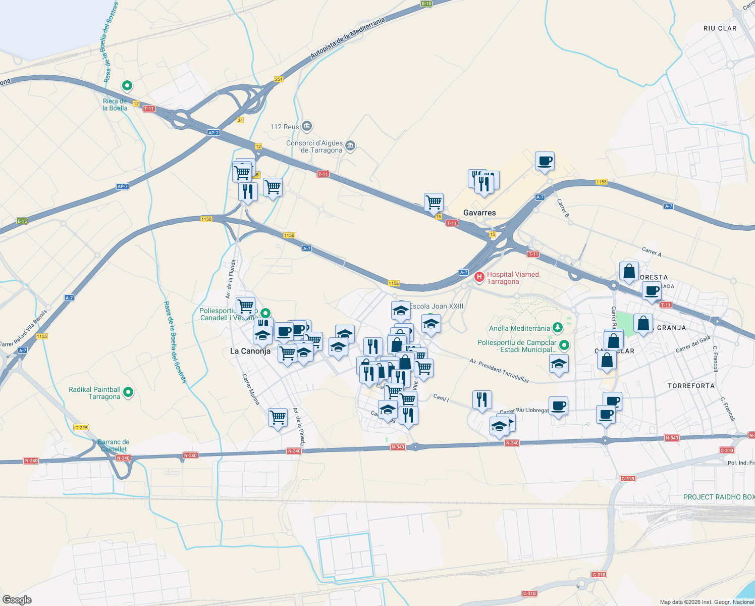 map of restaurants, bars, coffee shops, grocery stores, and more near 20 Carrer Vint-I-Vuit in Tarragona