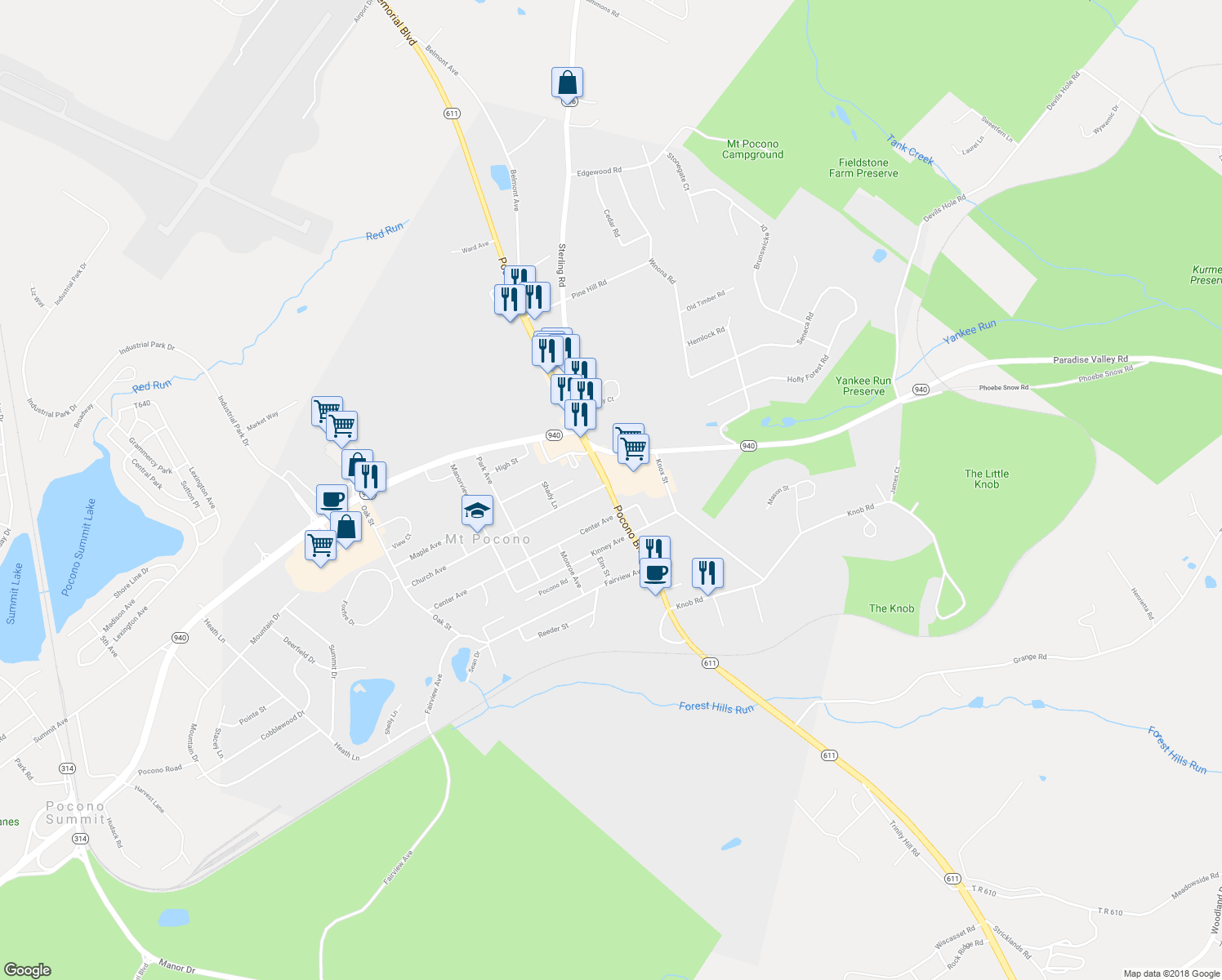map of restaurants, bars, coffee shops, grocery stores, and more near 1399 Pocono Boulevard in Mount Pocono