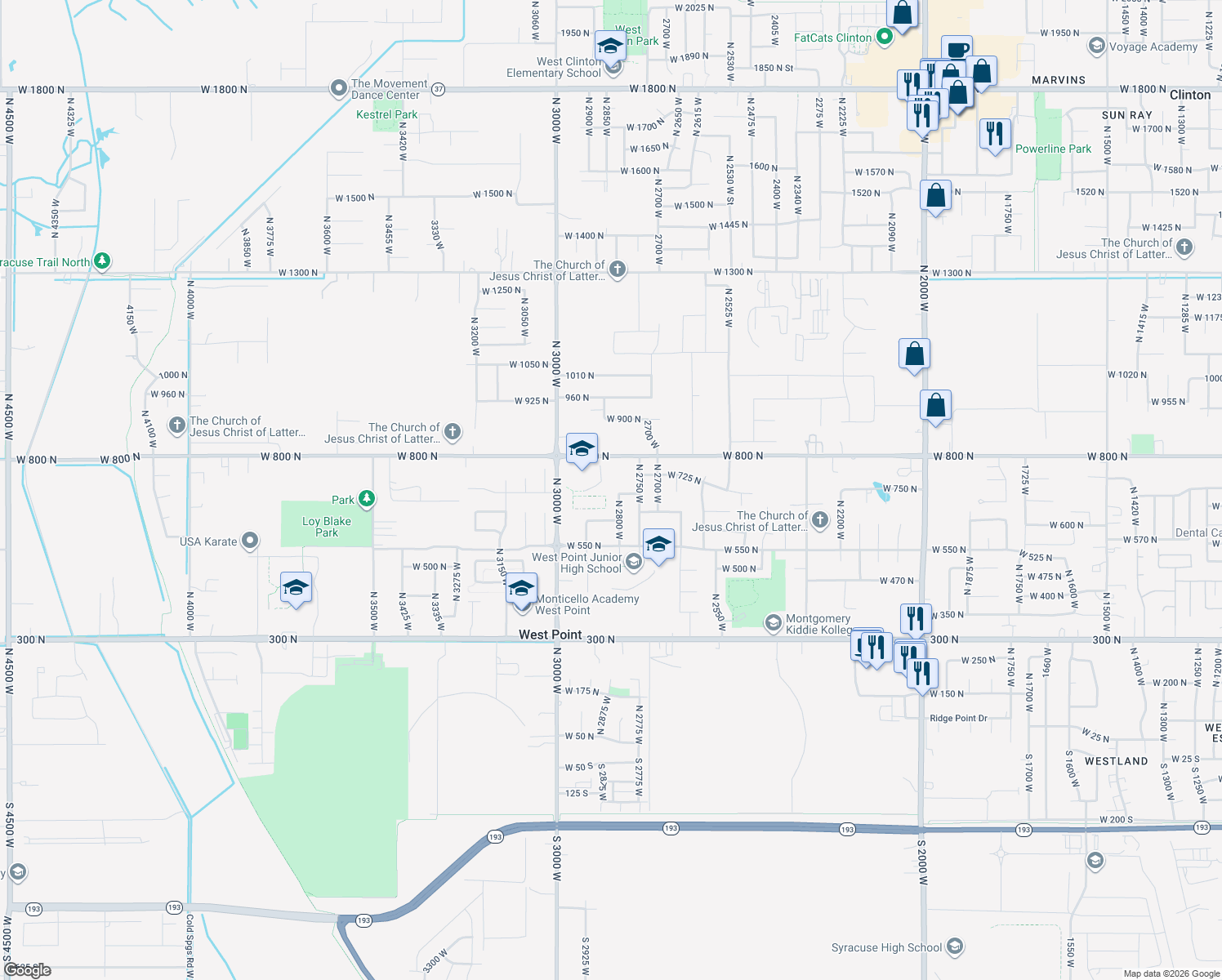 map of restaurants, bars, coffee shops, grocery stores, and more near 655 N 2800 W in West Point