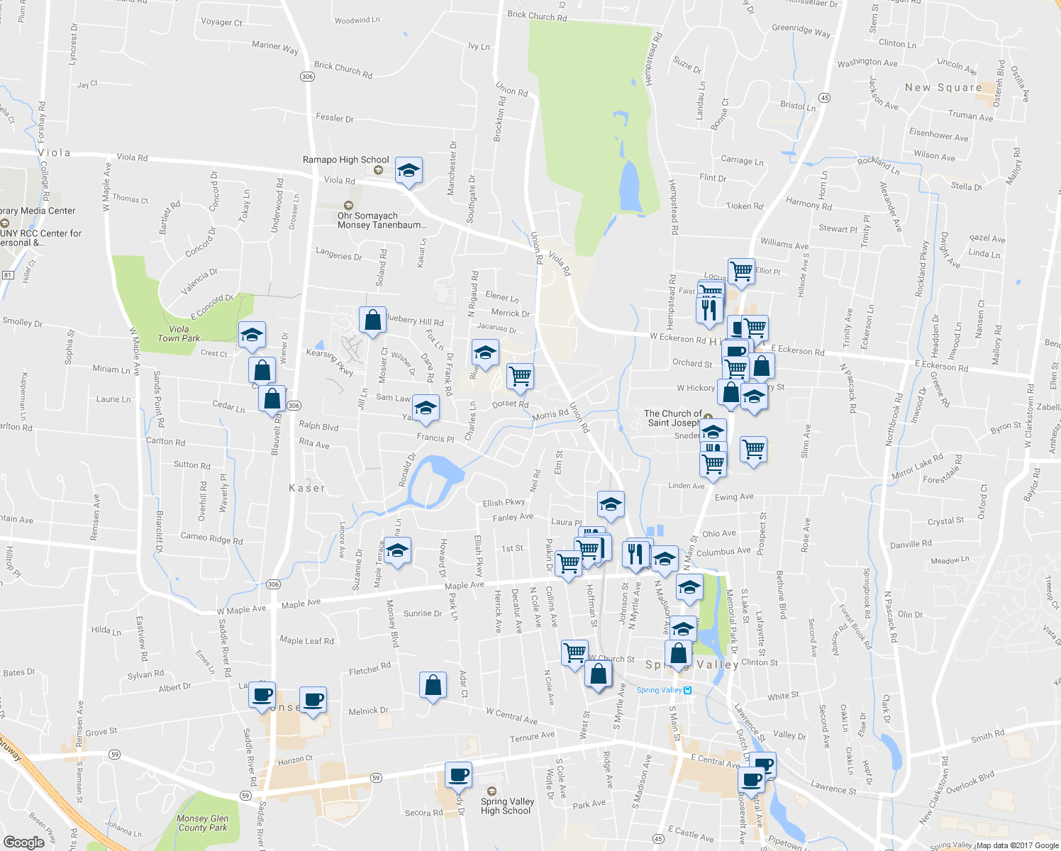map of restaurants, bars, coffee shops, grocery stores, and more near 95 Francis Place in Spring Valley