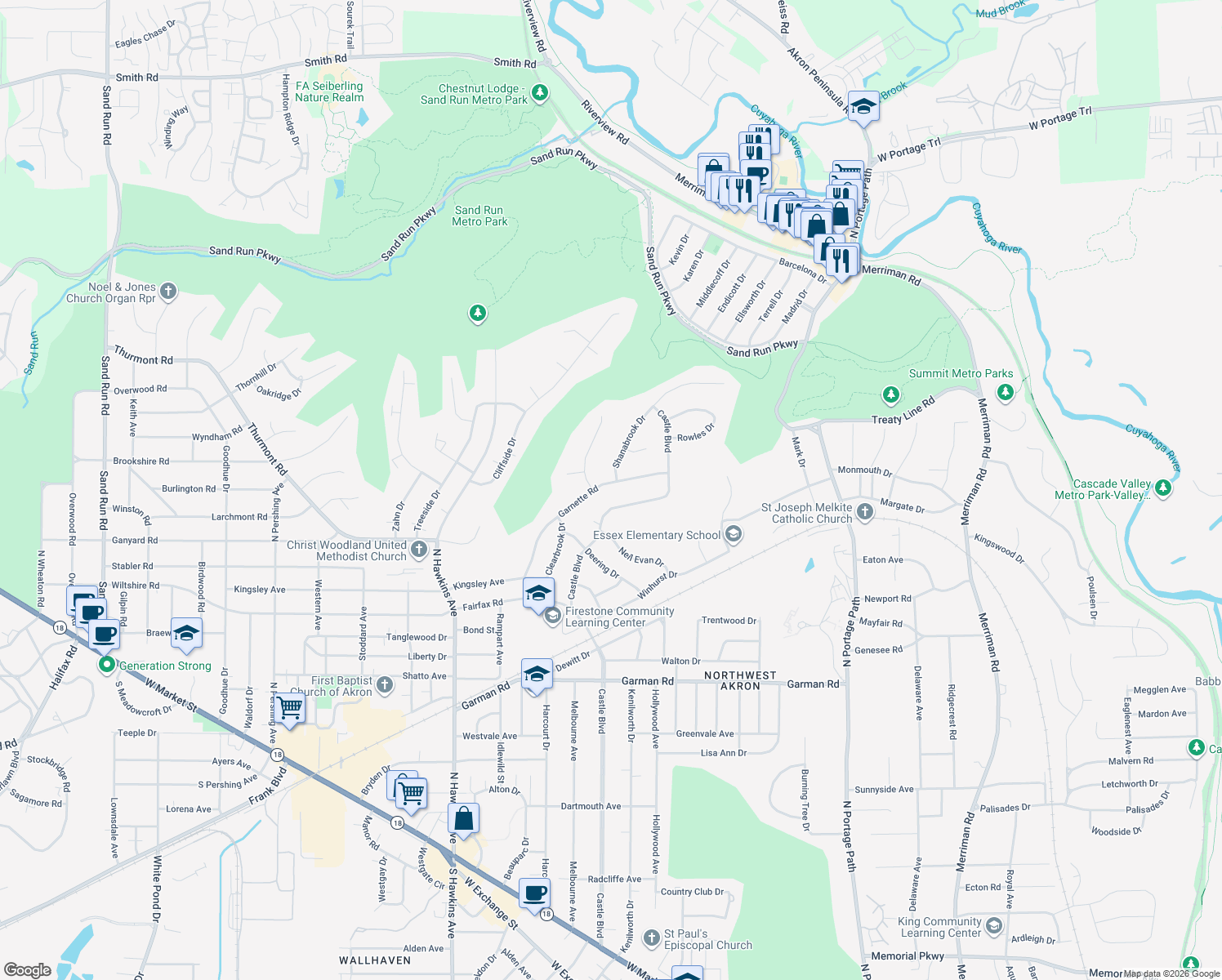 map of restaurants, bars, coffee shops, grocery stores, and more near 623 Garnette Rd in Akron
