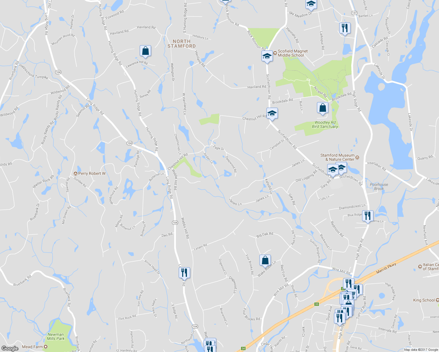 map of restaurants, bars, coffee shops, grocery stores, and more near 106 Jordan Lane in Stamford