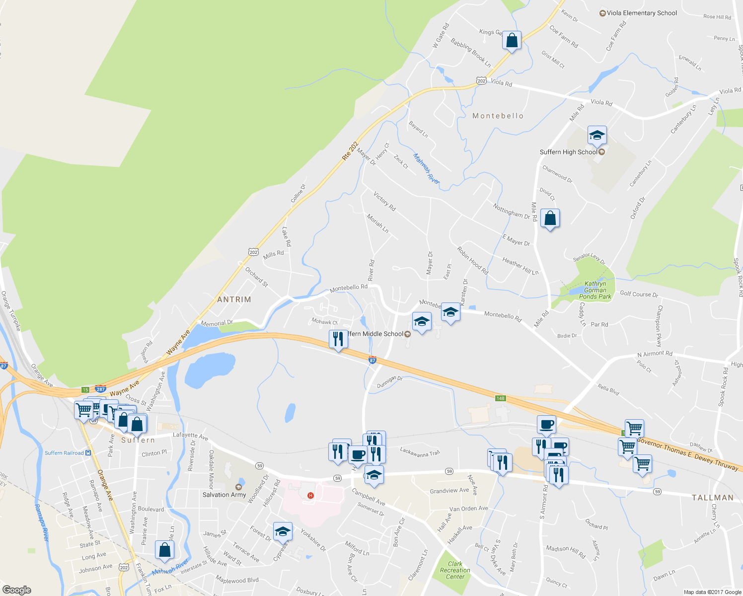 map of restaurants, bars, coffee shops, grocery stores, and more near 5 Bannock Court in Suffern