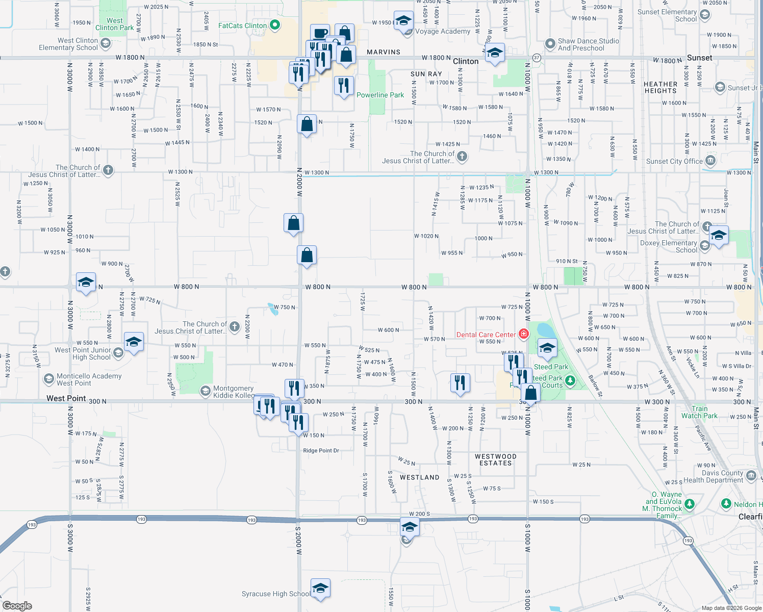 map of restaurants, bars, coffee shops, grocery stores, and more near 1657 W 735 N in Clinton