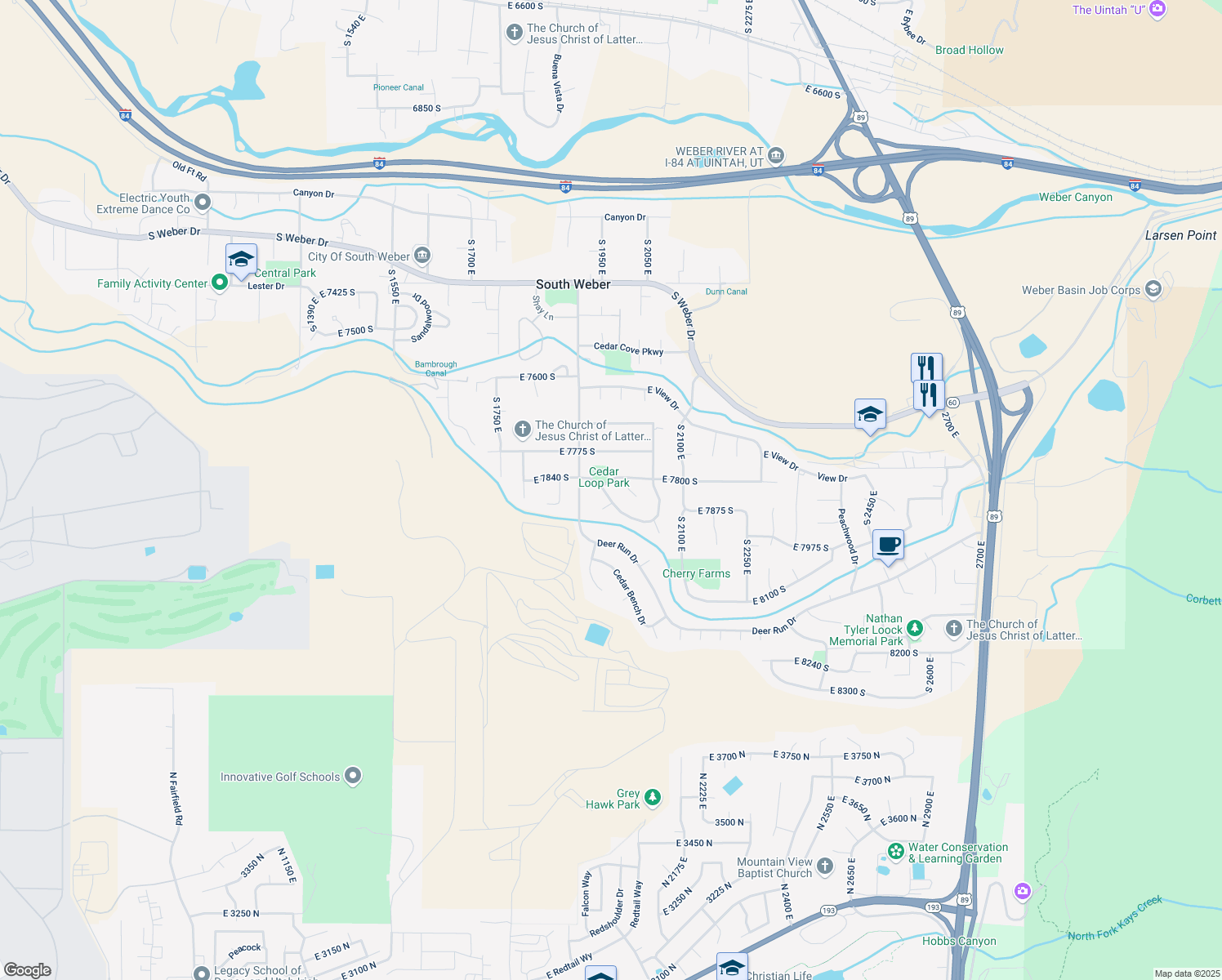 map of restaurants, bars, coffee shops, grocery stores, and more near 1948 E Cedar Loop Dr in South Weber