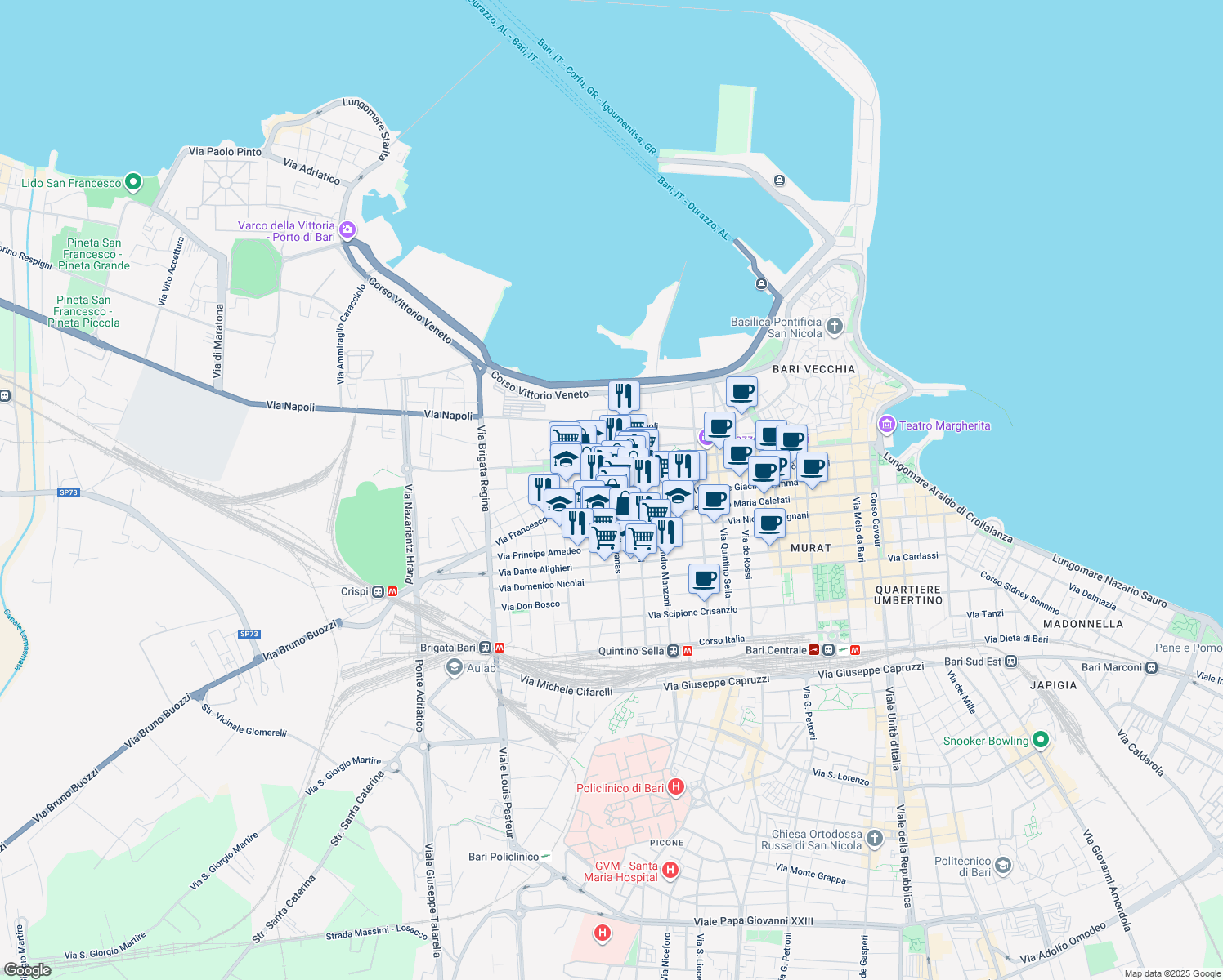 map of restaurants, bars, coffee shops, grocery stores, and more near 2 Via Giovanni Pascoli in Bari