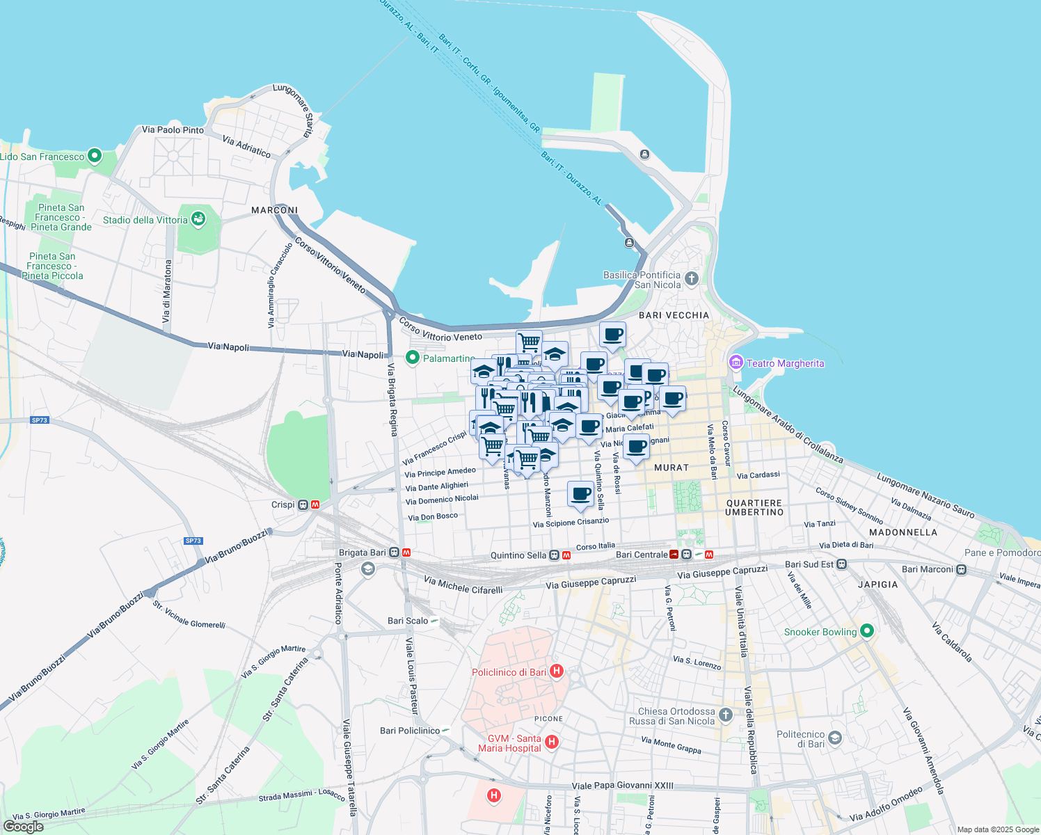 map of restaurants, bars, coffee shops, grocery stores, and more near 125 Via Trevisani in Bari
