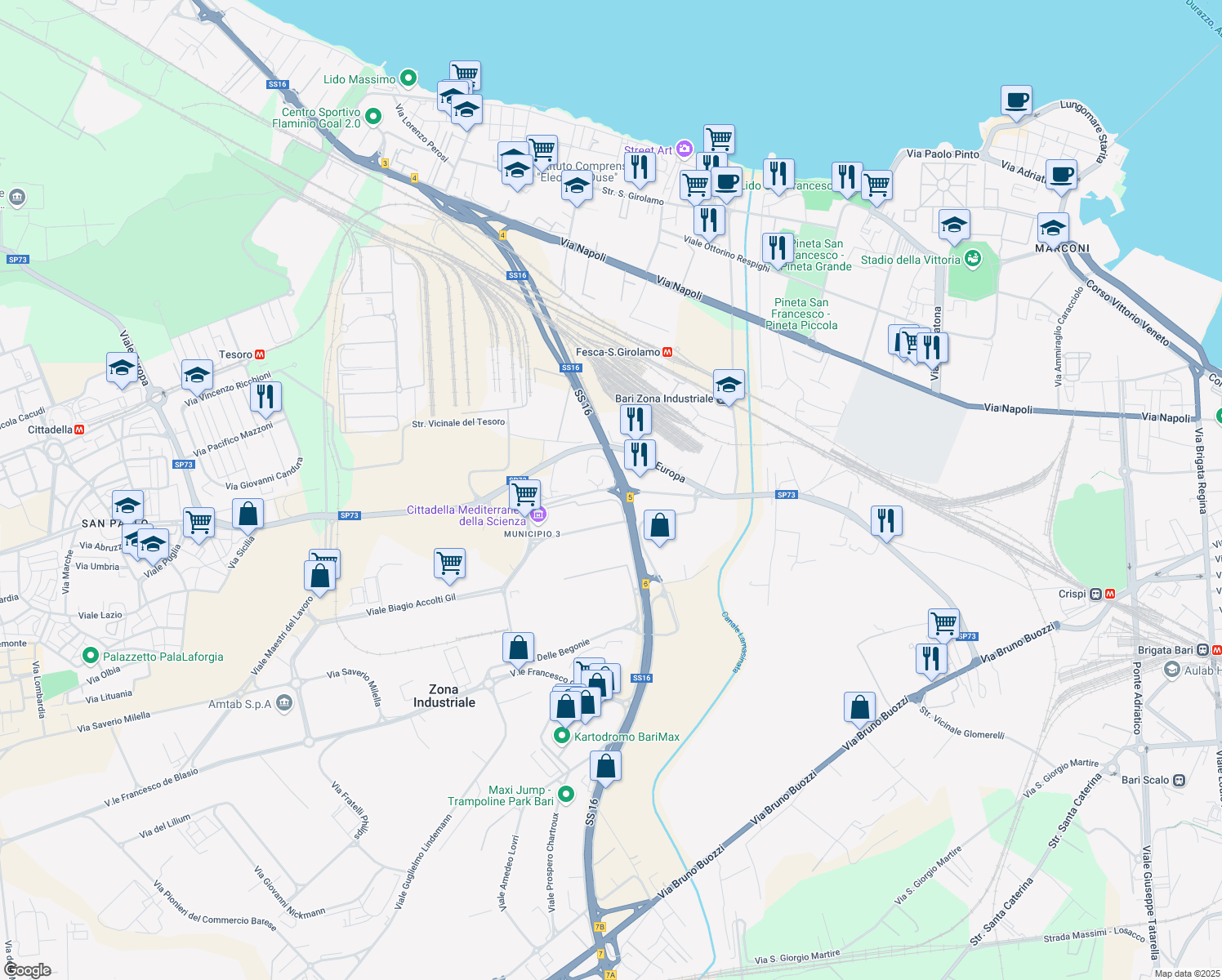 map of restaurants, bars, coffee shops, grocery stores, and more near Via Tommaso Columbo in Bari