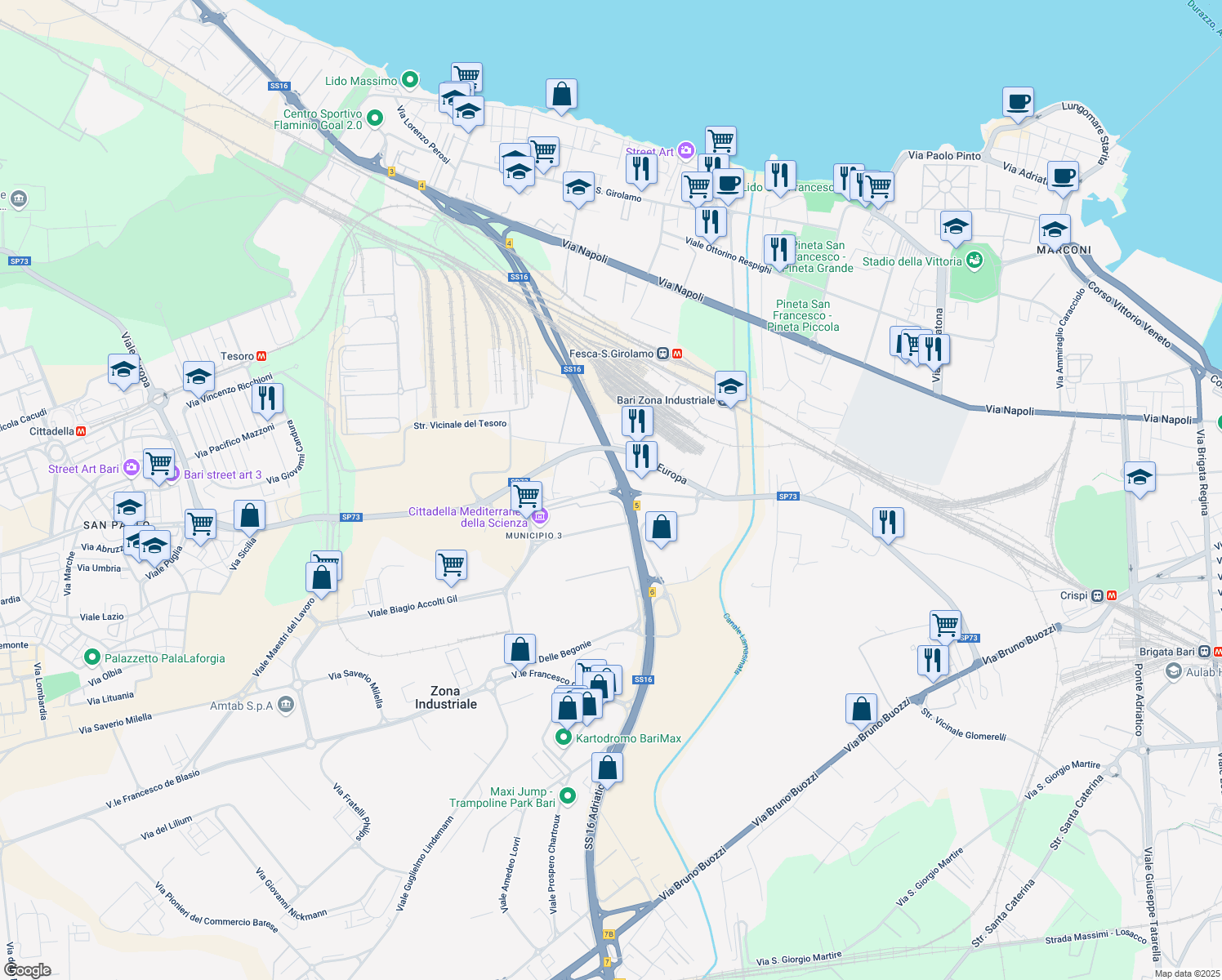 map of restaurants, bars, coffee shops, grocery stores, and more near Via Tommaso Columbo in Zona Industriale