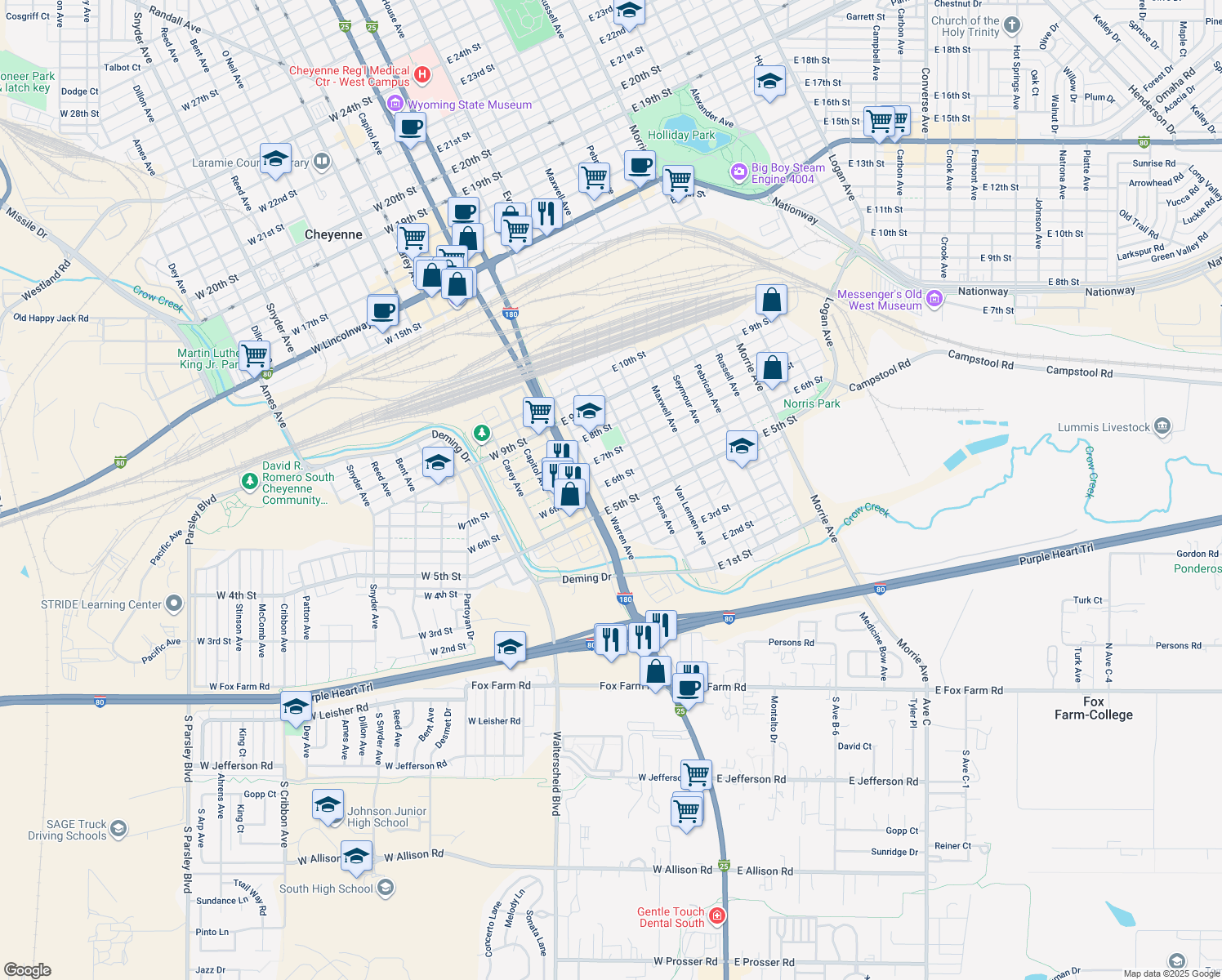 map of restaurants, bars, coffee shops, grocery stores, and more near 211 East 6th Street in Cheyenne