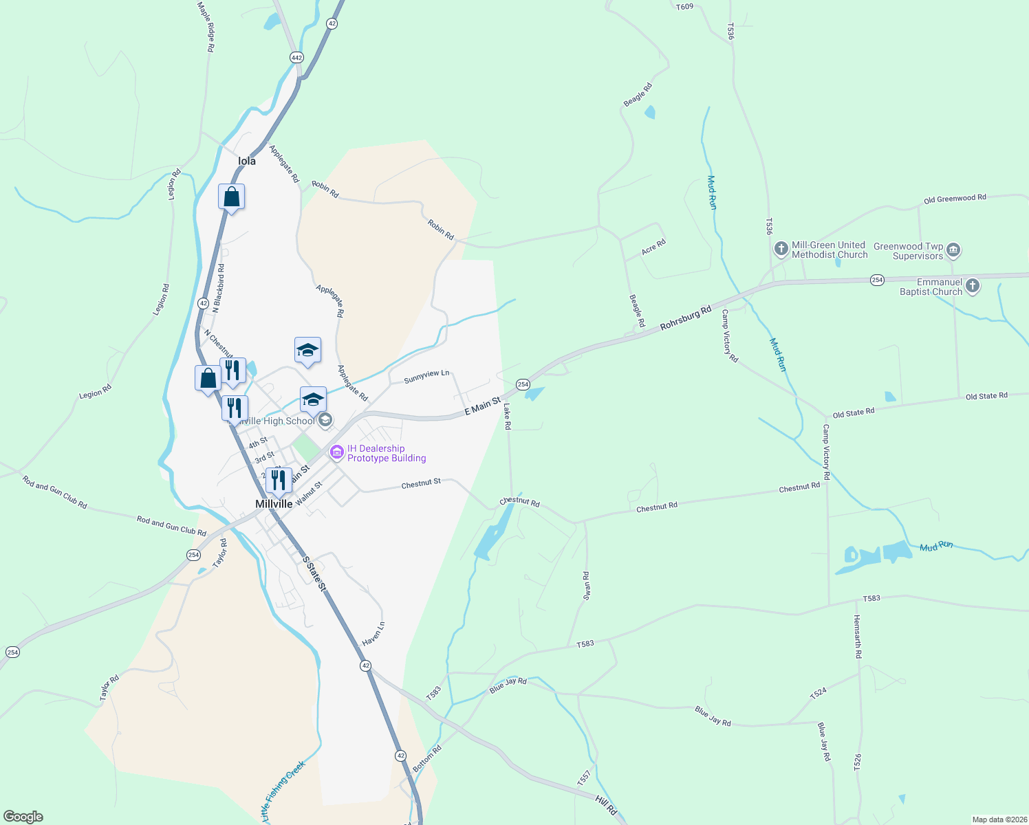 map of restaurants, bars, coffee shops, grocery stores, and more near 56 Lake Rd in Millville