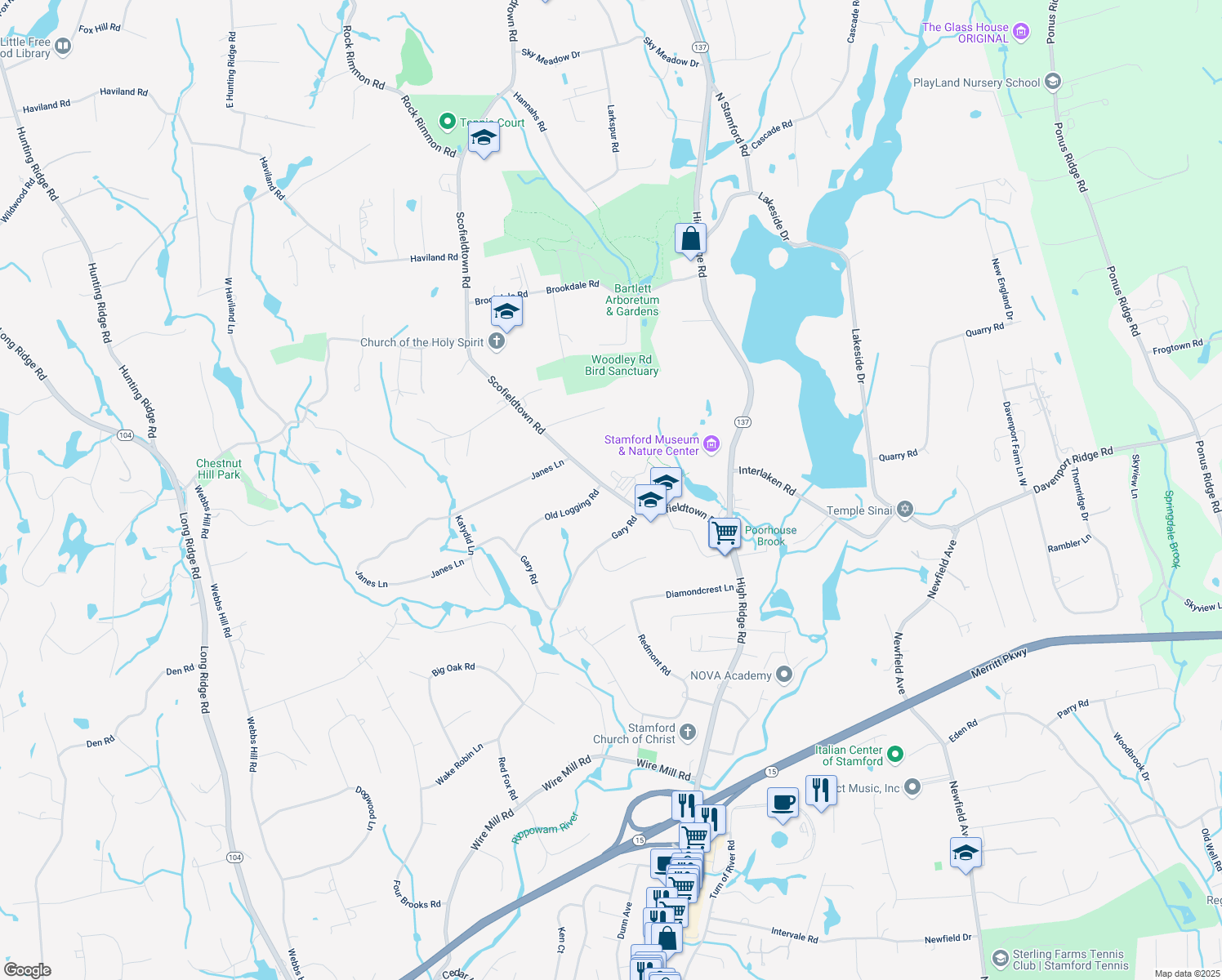 map of restaurants, bars, coffee shops, grocery stores, and more near 283 Scofieldtown Road in Stamford