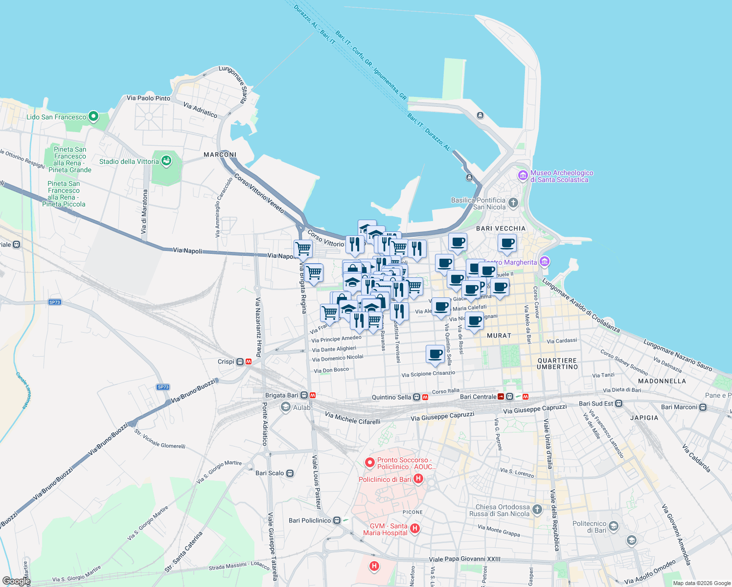 map of restaurants, bars, coffee shops, grocery stores, and more near 82 Via Ettore Fieramosca in Bari