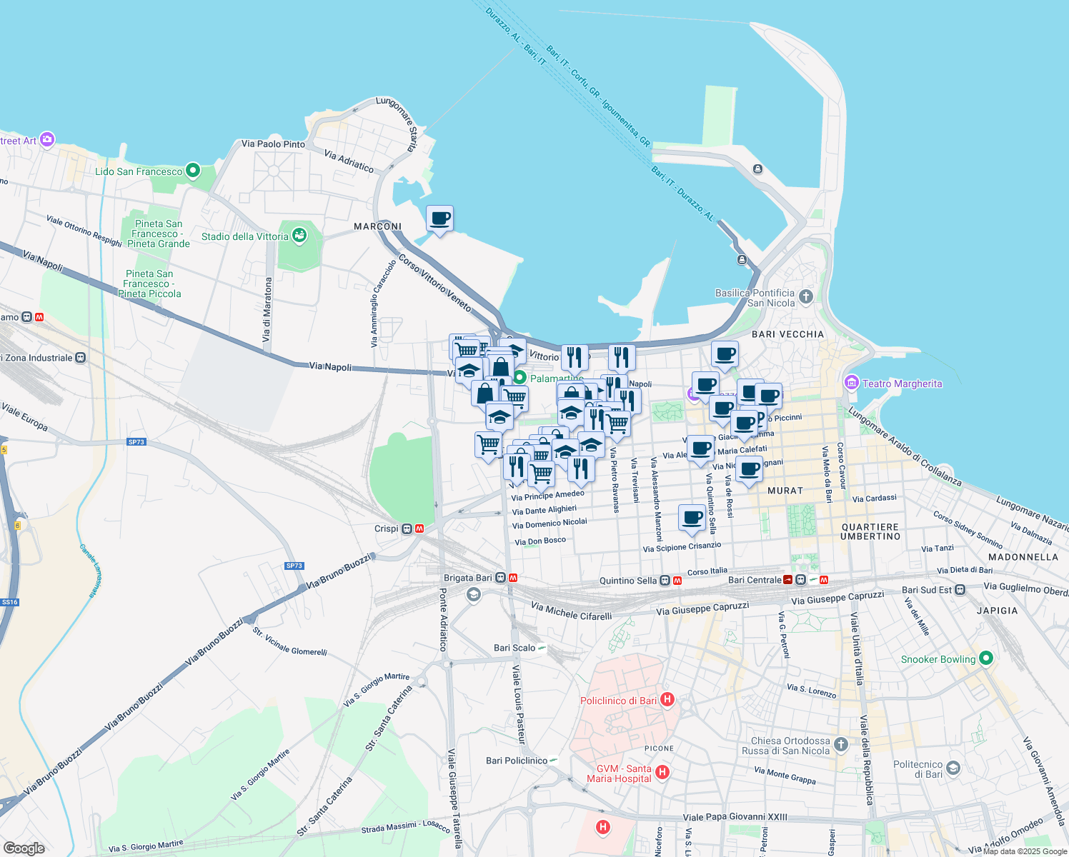map of restaurants, bars, coffee shops, grocery stores, and more near 129-151 Corso Giuseppe Mazzini in Bari