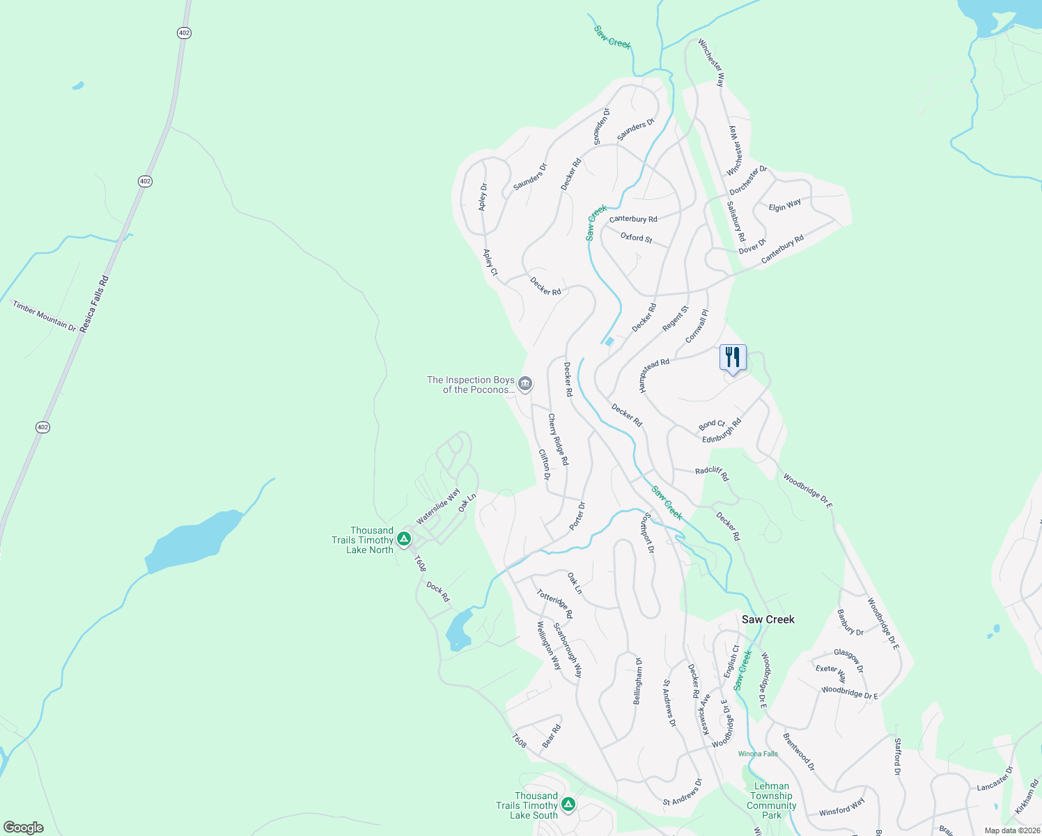 map of restaurants, bars, coffee shops, grocery stores, and more near 119 Sterling Circle in Bushkill